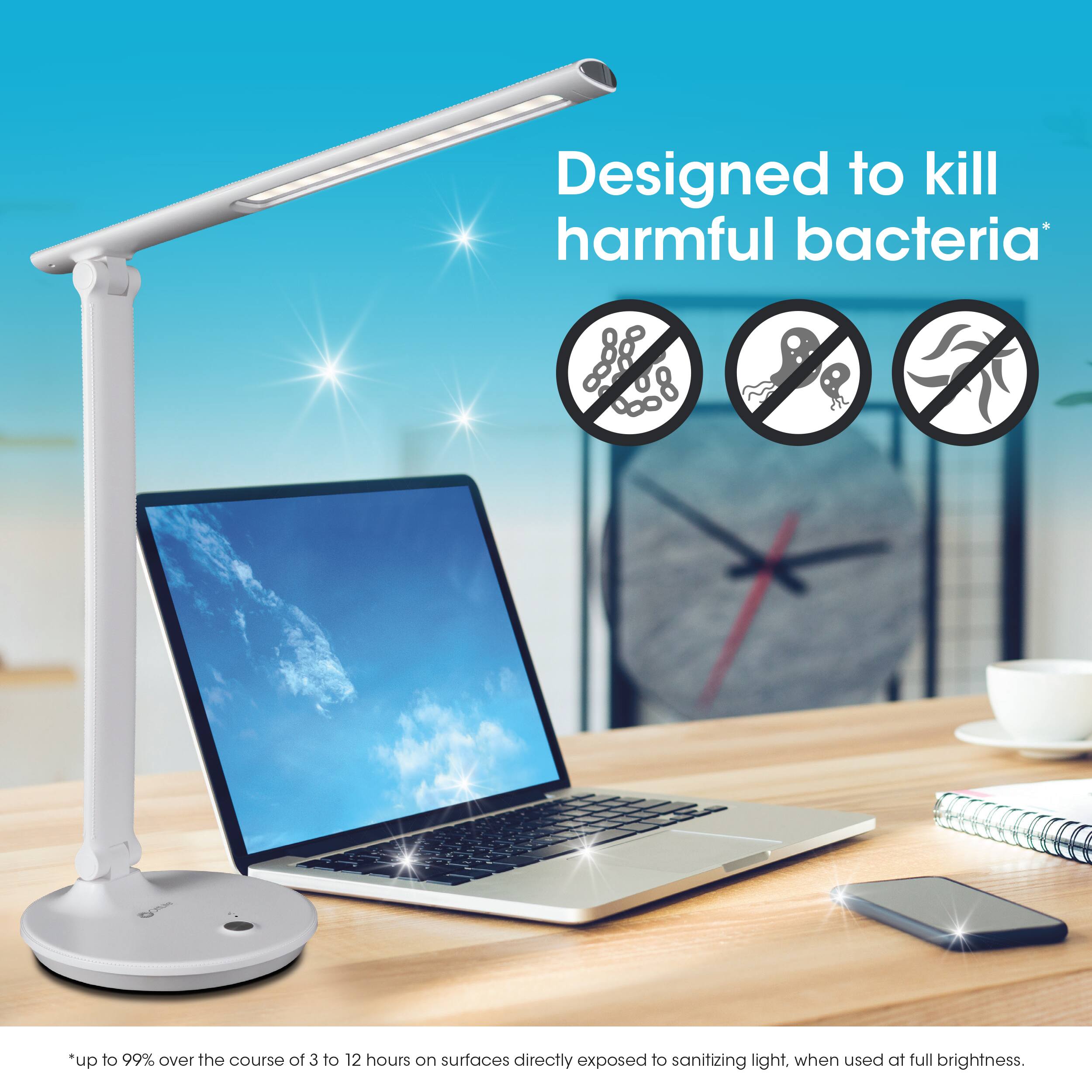 Designed to kill harmful bacteria, this lamp can eliminate up to 99% of bacteria on surfaces exposed to its sanitizing light for 3 to 12 hours. The lamp is most effective when used at full brightness.