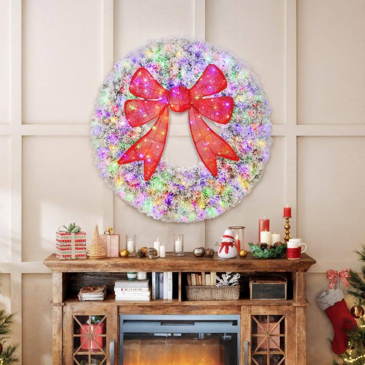 Alt View 1. PULUZ - 48in Flocked Pre-Lit Christmas Wreath with 3D Red Bow, 11 Lighting Modes, Front Door Christmas Wreath with Remote - Green.