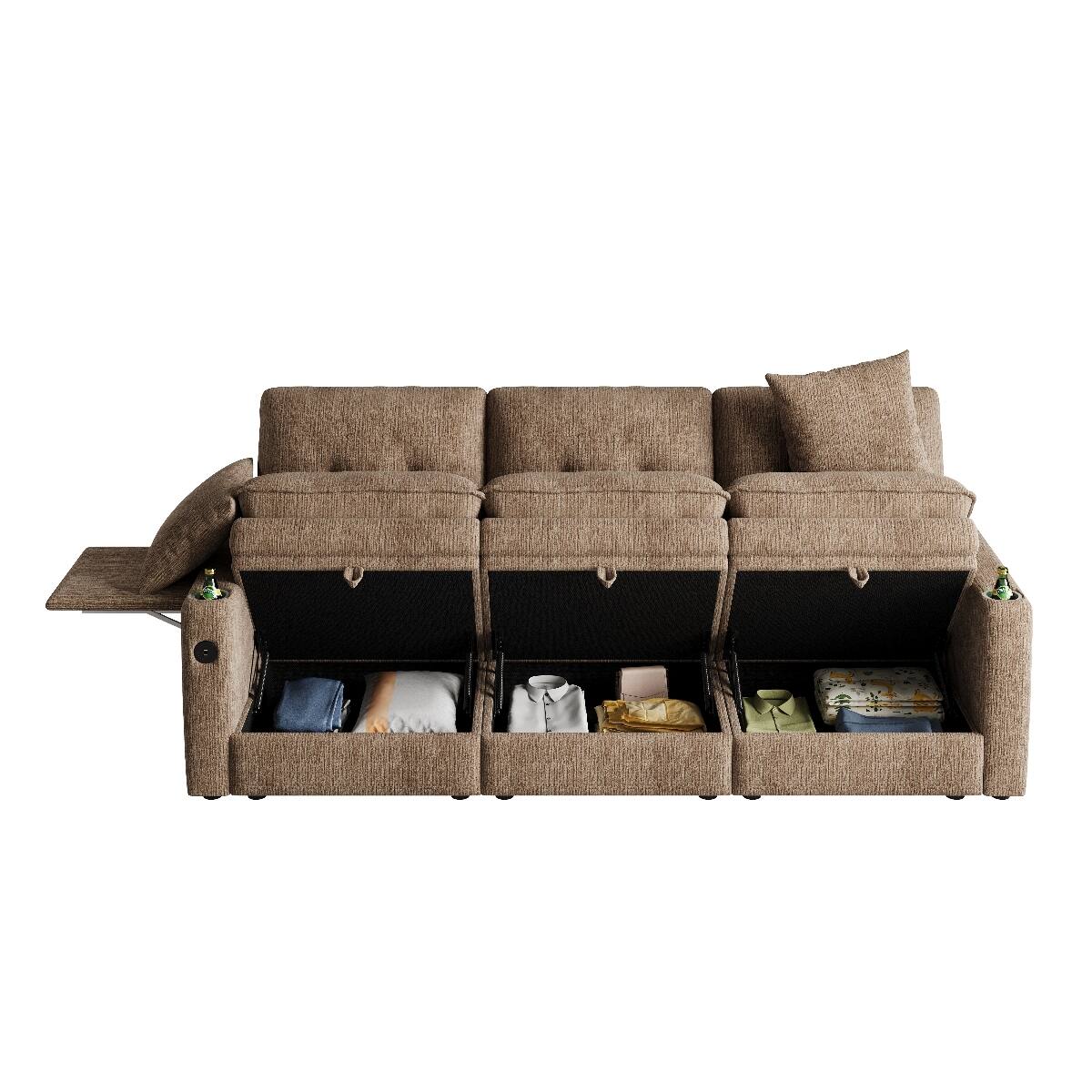 Alt View 8. Ropilly - Ropilly 89 Inch 3 Seater Sofa, Chenille Cloud Sofa with Storage Sofa with USB Ports, Coffee - Coffee.