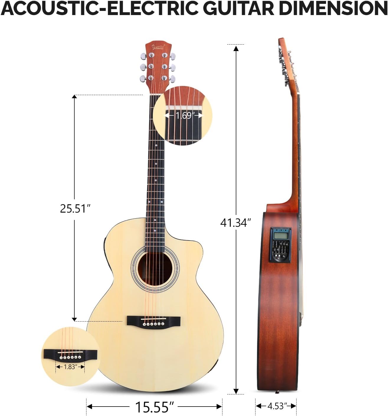ACOUSTIC-ELECTRIC GUITAR DIMENSION

- Body Width: 15.55"
- Body Depth: 4.53"
- Body Length: 25.51"
- Total Length: 41.34"
- Neck Width at Nut: 1.69"
- Bridge Width: 1.83"