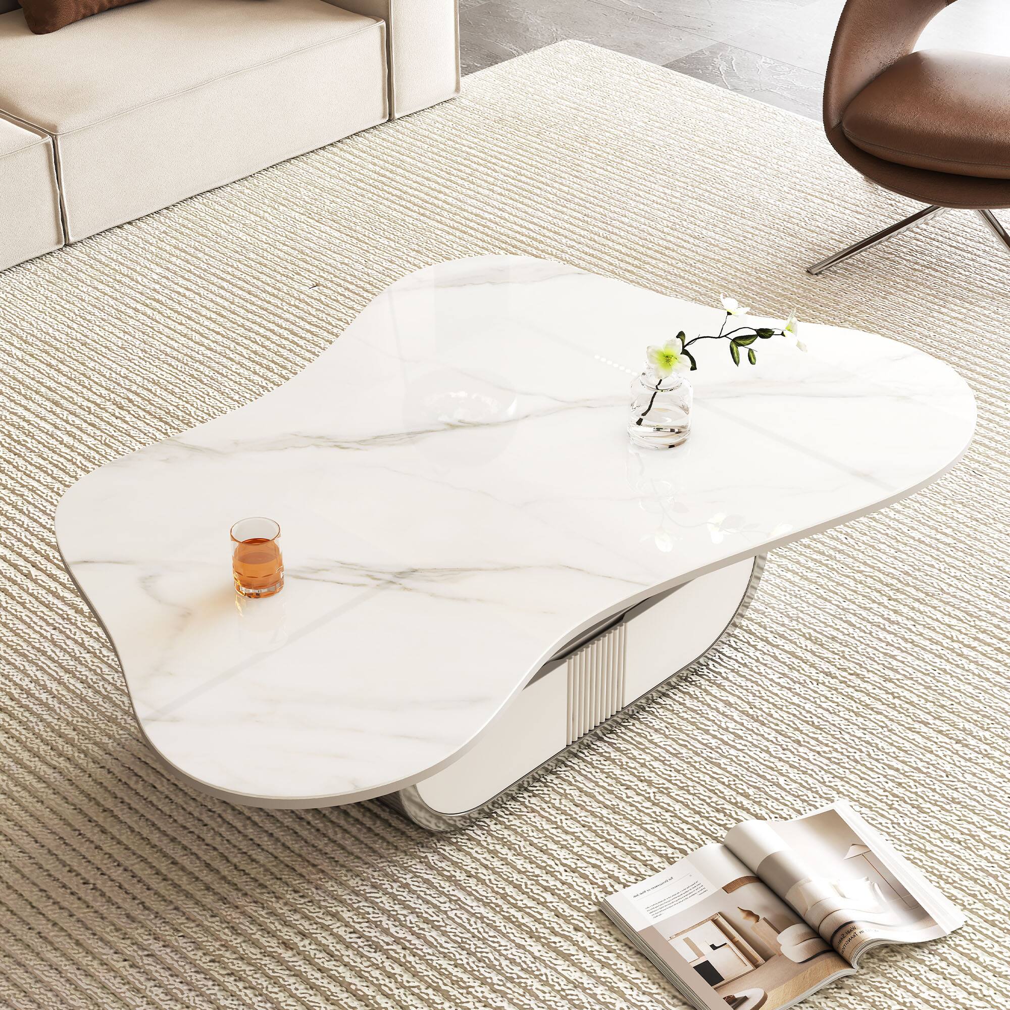 Left. Tiramisubest - Modern Butterfly Coffee Table with Sintered Stone Top–Oval Center Table with Shelf & Drawer,Stainless Steel Base - Grey+White.