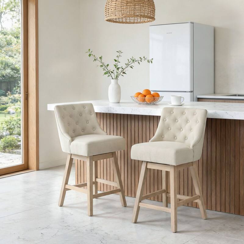 Dyonery - 2 pcs modern style bar stool, 36-inch high bar, retro diamond buckle design, rotatable,linen， - Beige