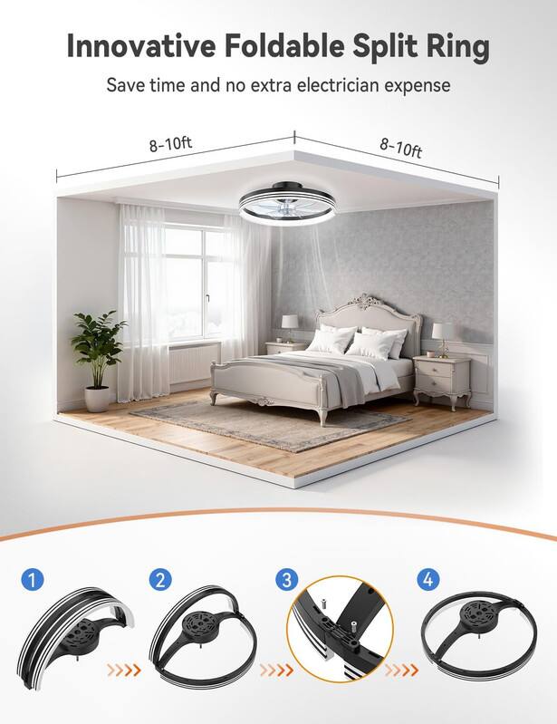 Innovative Foldable Split Ring  
Save time and no extra electrician expense  
8-10ft  
8-10ft  
1  
2  
3  
4