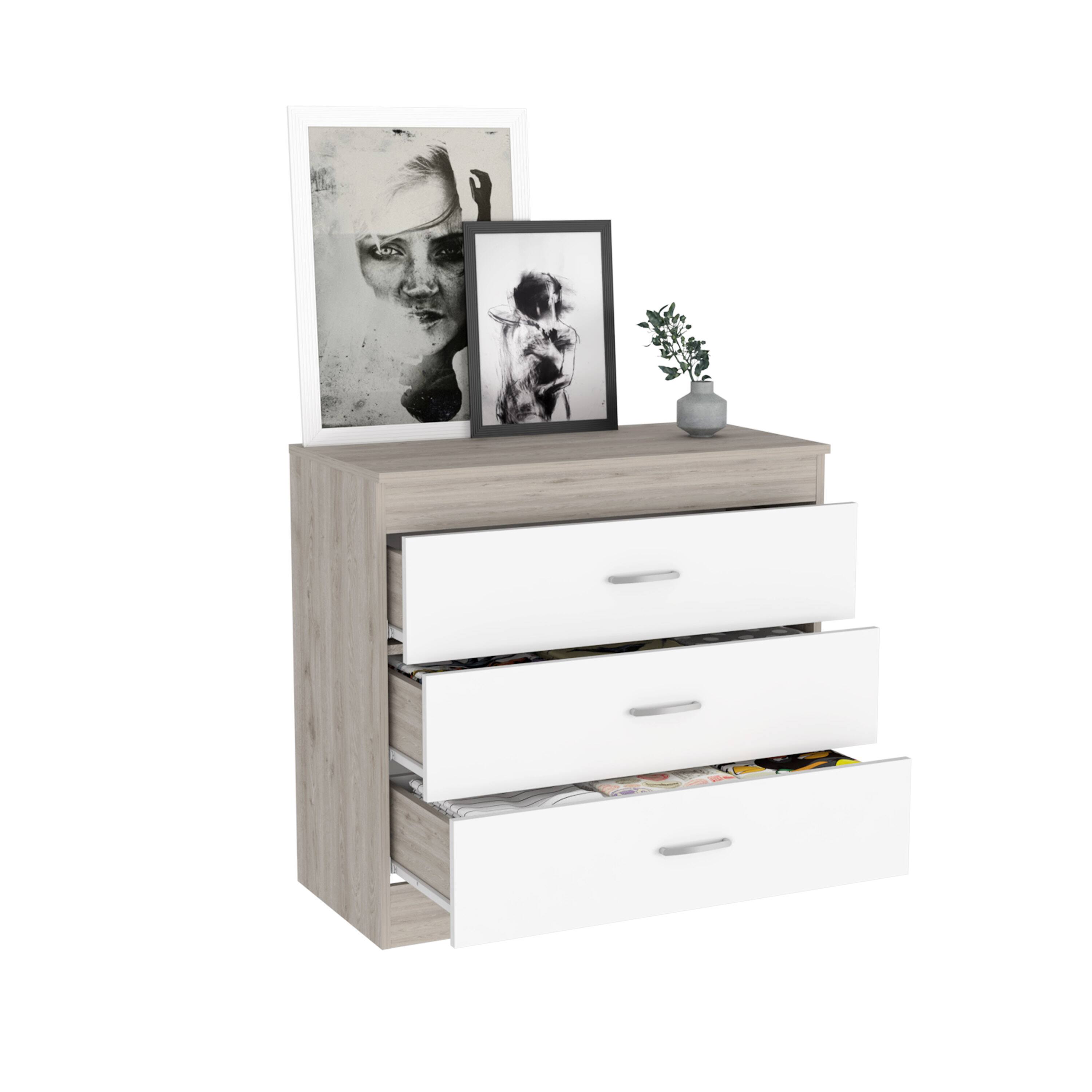 Alt View 2. TuHome - Melia Three Drawer Dresser, Superior Top, Metal Hardware - Light Gray / White.