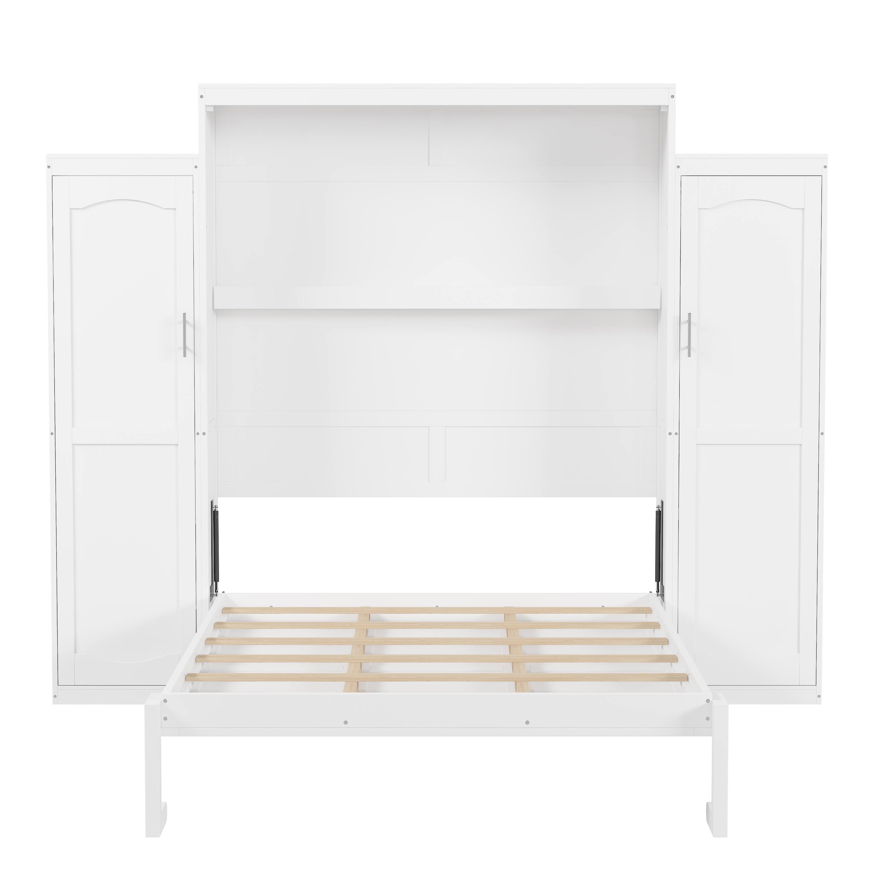 Alt View 4. Tiramisubest - Queen Size Murphy Bed with 2 Wardrobe and Storage Shelf, Multifunctional Foldable Platform Bedframe, White - White.