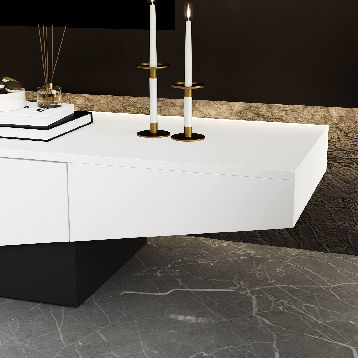 Alt View 6. Famapy - Modern Geometric TV Stand 75", Black & White Low Profile Media Console with Sliding Drawers for Living Room - White.