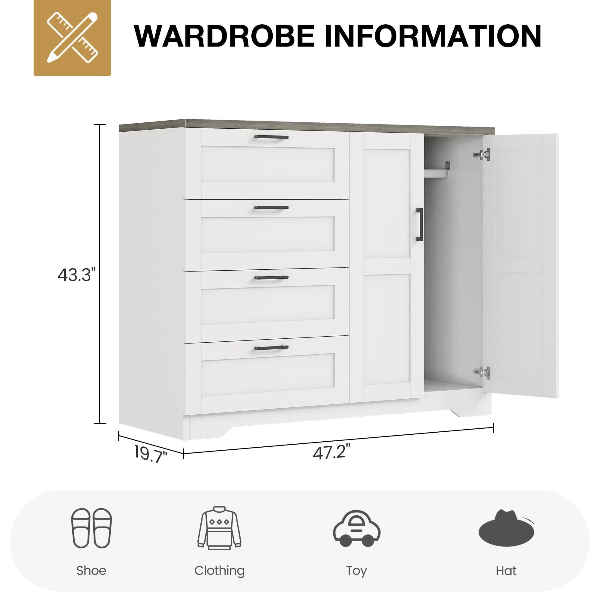 WARDROBE INFORMATION

43.3" (Height)  
19.7" (Depth)  
47.2" (Width)

- Shoe
- Clothing
- Toy
- Hat