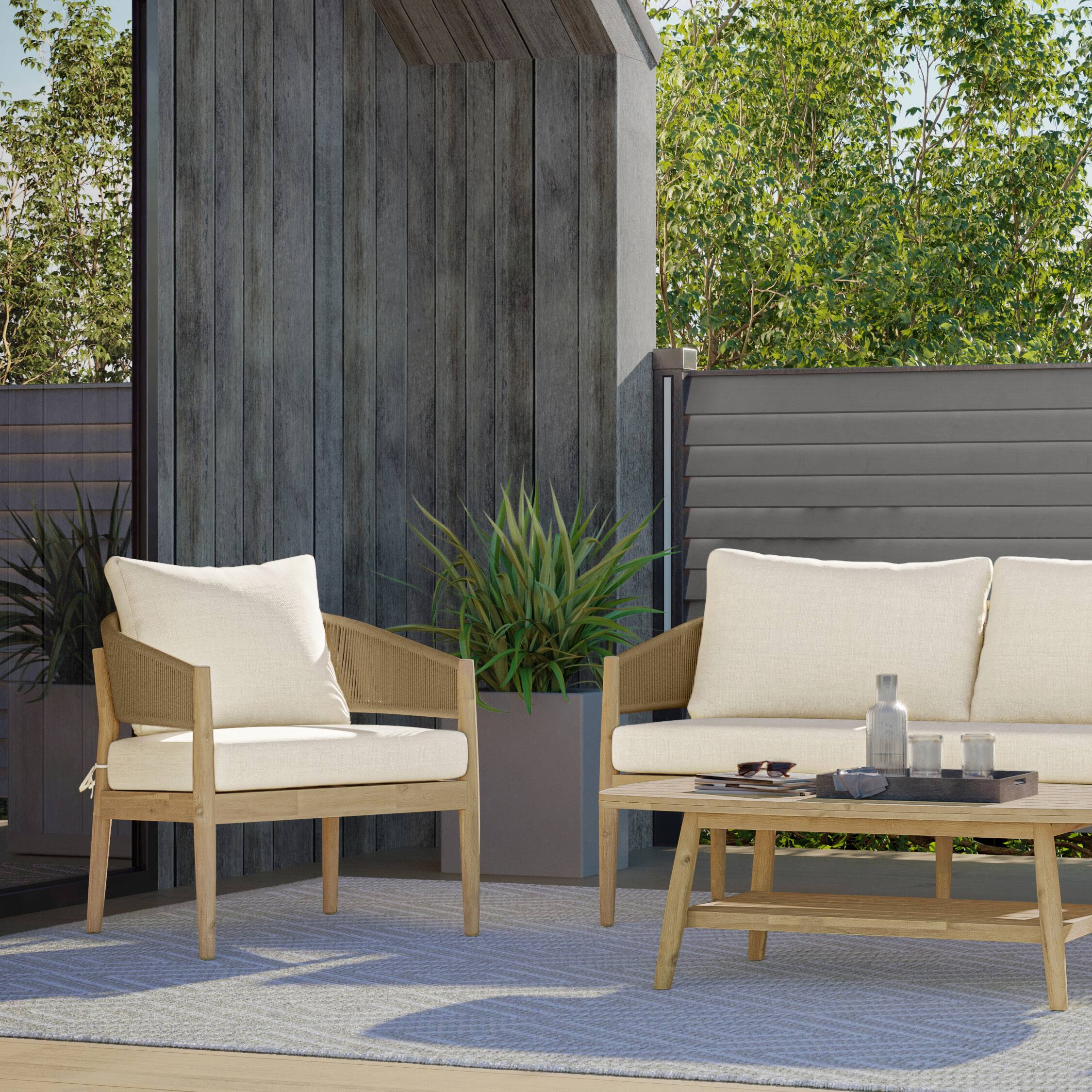 Angle. Simpli Home - Bayshore SOLID ACACIA WOOD 28 inch Contemporary Outdoor Conversation Chair (Set of 2) , Fully Assembled - Natural.