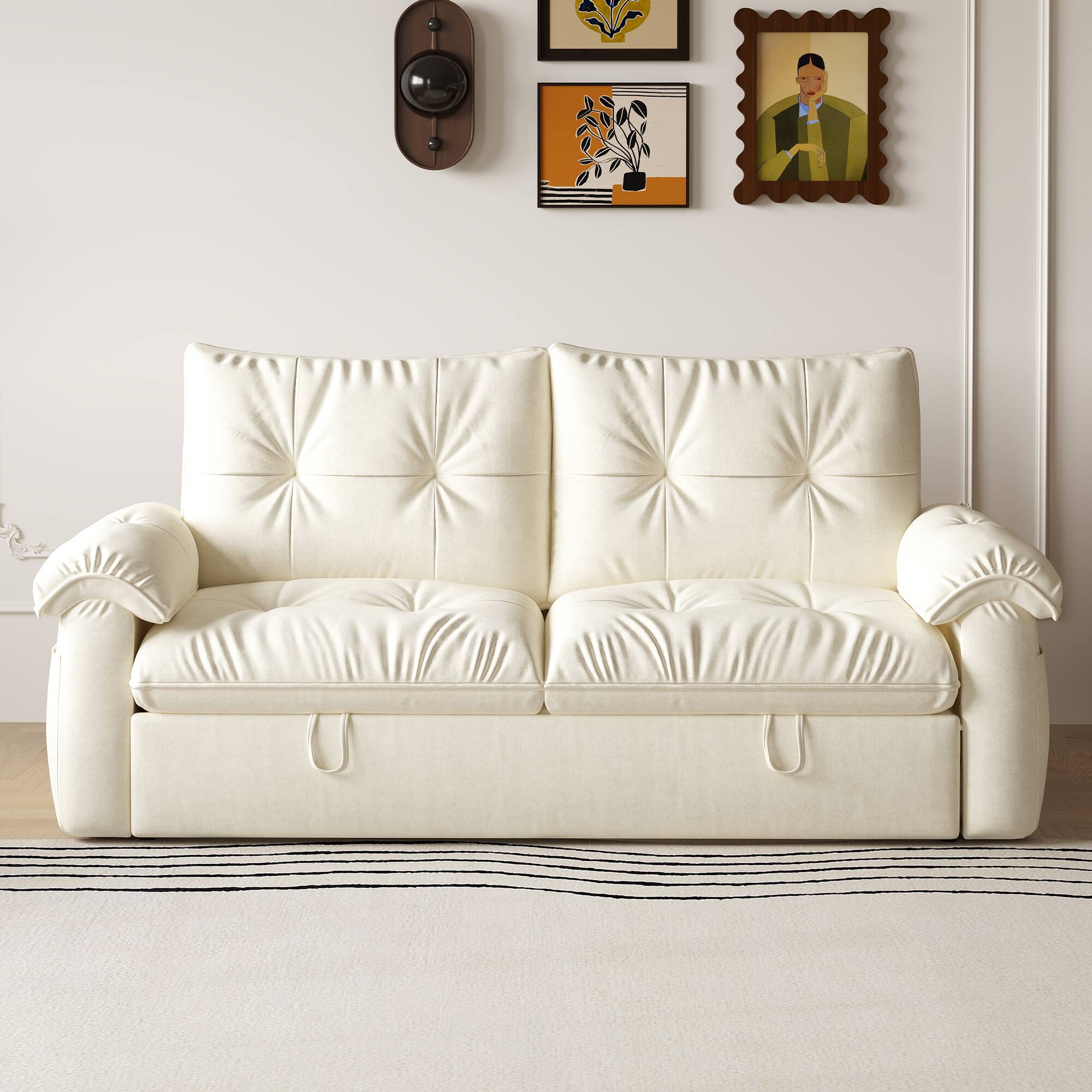 Alt View 1. luck idea - 68.89" Modern Sleeper Sofa Bed, Iron & Wood Framed Couch with High-Density Foam Cushions (Mattress Included) - white.