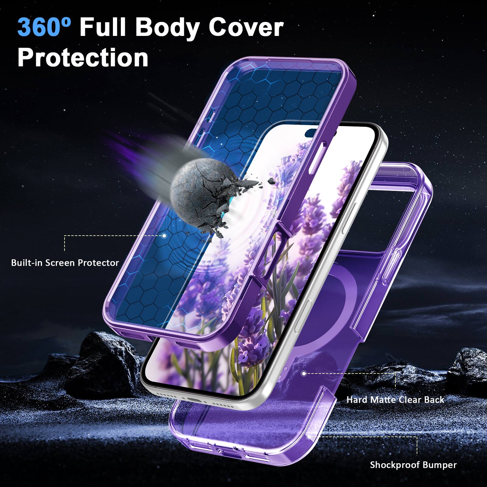 360° Full Body Cover Protection

- Built-in Screen Protector
- Hard Matte Clear Back
- Shockproof Bumper