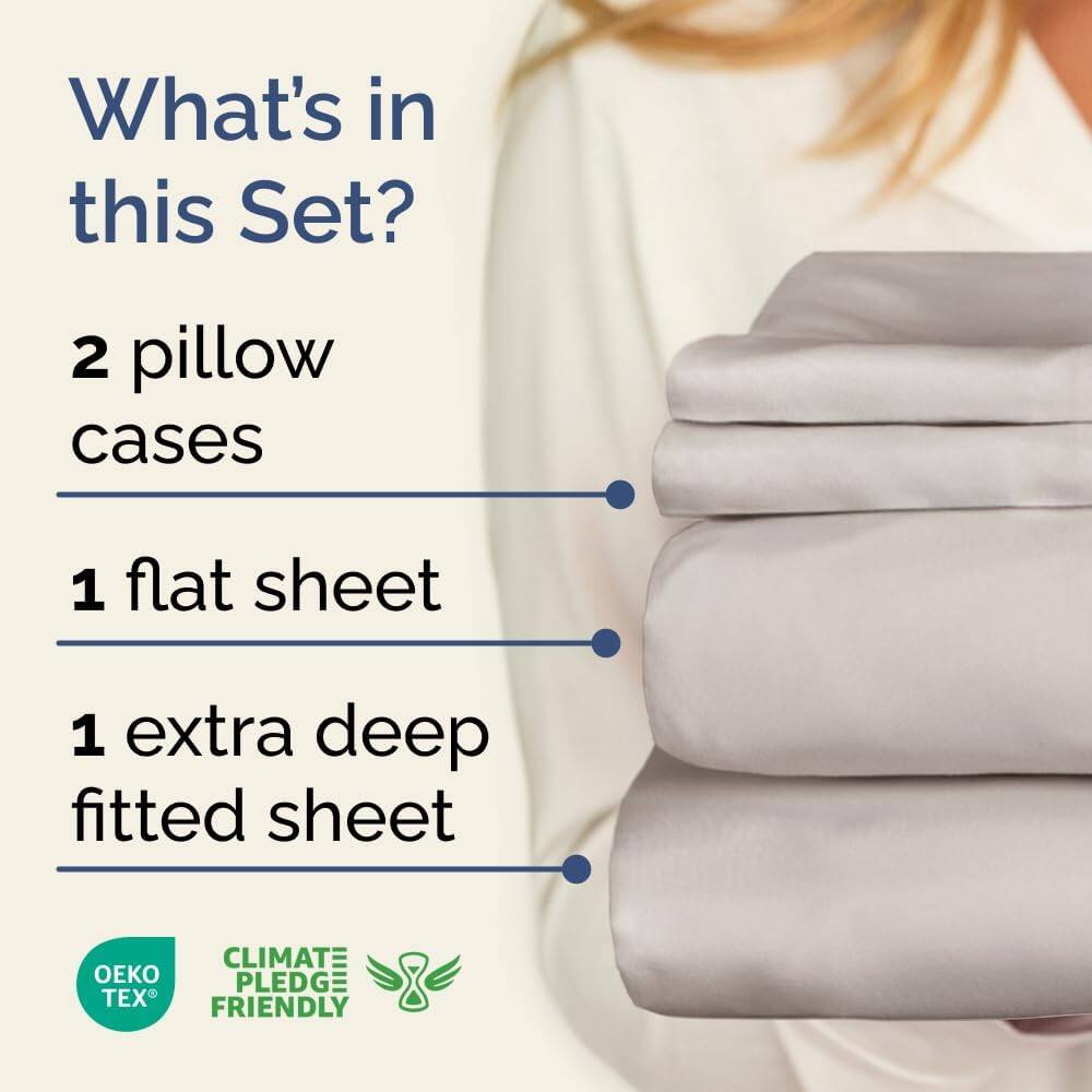 What's in this Set?

- 2 pillow cases
- 1 flat sheet
- 1 extra deep fitted sheet

CLIMATE PLEDGE FRIENDLY

OEKO TEX