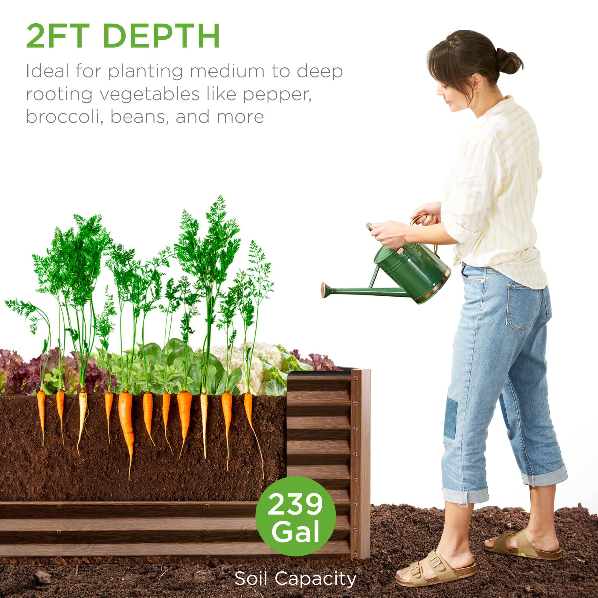 2FT DEPTH  
Ideal for planting medium to deep rooting vegetables like pepper, broccoli, beans, and more  

239 Gal Soil Capacity
