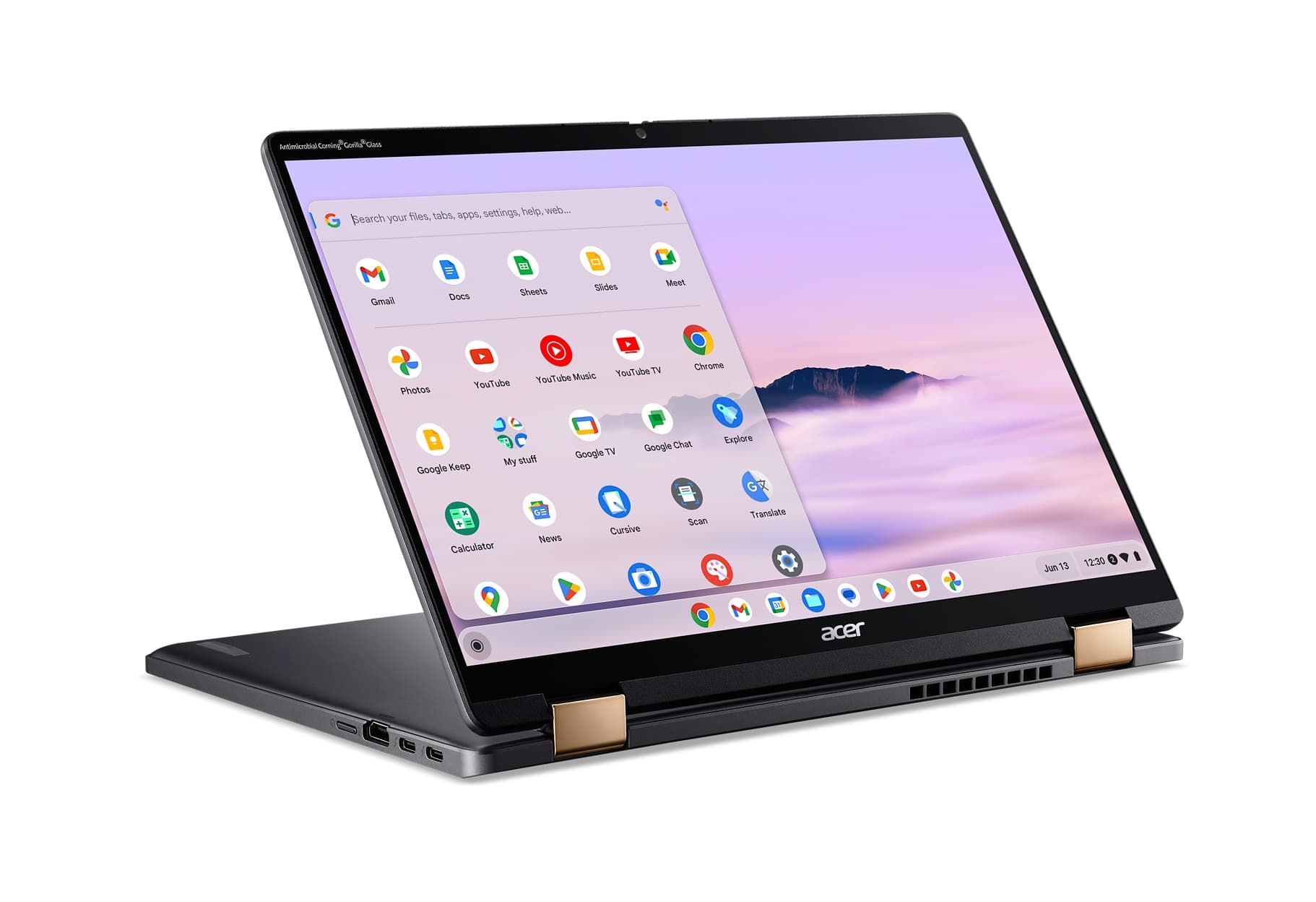 The image features an open laptop computer with a purple background. The laptop screen displays a variety of Google apps, including Gmail, Google Drive, Google Sheets, Google Slides, Google Photos, YouTube, Google TV, Google Maps, Chrome, Google Keep, Google Translate, and Google News. The screen also shows the time of 12:30. The laptop is made by Acer.