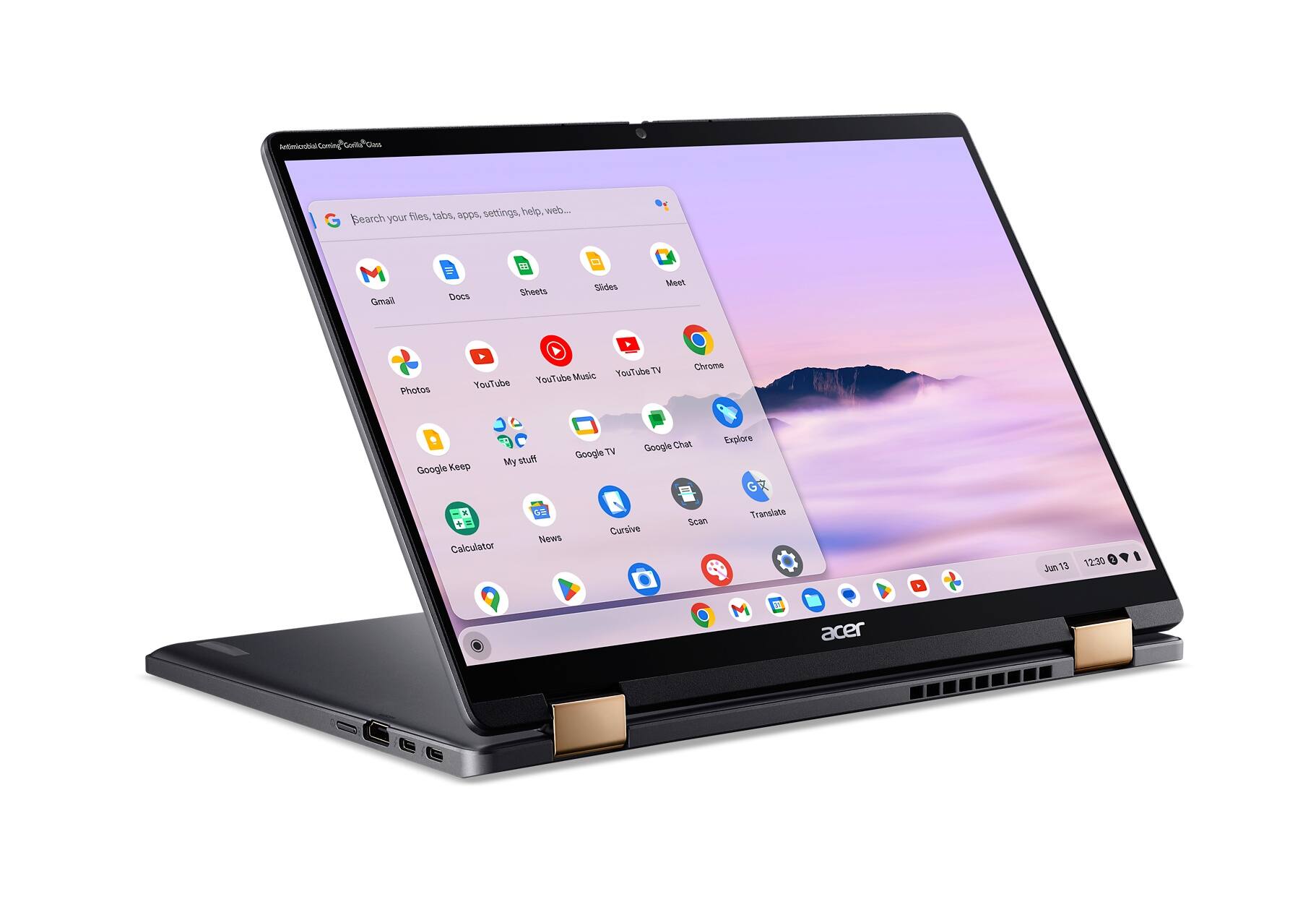 The image features an open laptop computer with a purple background. The laptop screen displays a variety of Google apps, including Gmail, Google Drive, Google Sheets, Google Slides, Google Photos, YouTube, Google TV, Google Maps, Chrome, Google Keep, Google Translate, and Google News. The screen also shows the time of 12:30. The laptop is made by Acer.