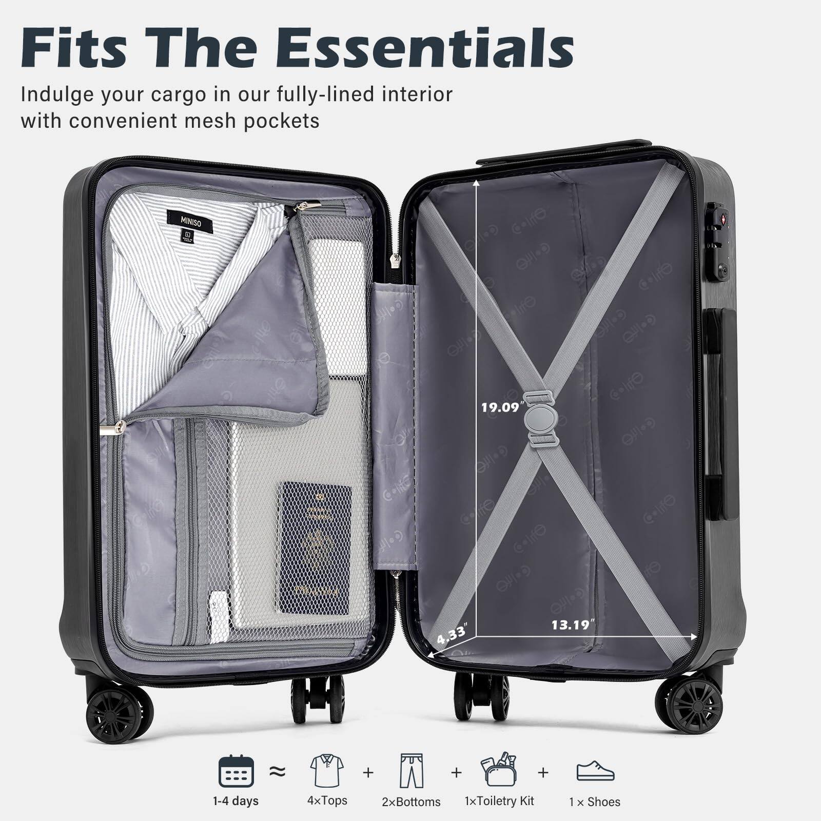 Fits The Essentials

Indulge your cargo in our fully-lined interior with convenient mesh pockets

1-4 days
4xTops
2xBottoms
1xToiletry Kit
1xShoes

19.09" (H)
13.19" (W)
4.33" (D)