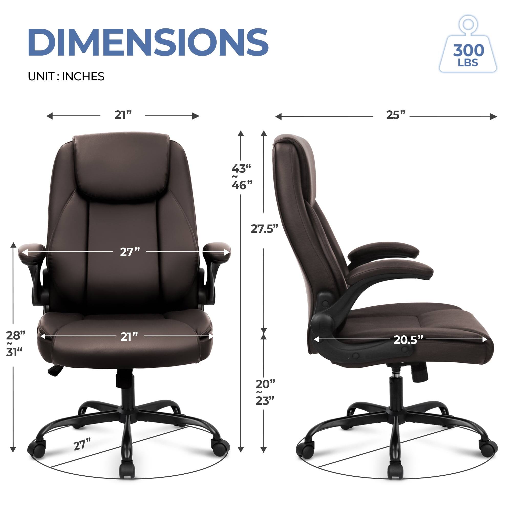 DIMENSIONS  
UNIT: INCHES  

- Width: 21"  
- Depth: 25"  
- Height: 43" - 46"  
- Seat Height: 27.5"  
- Seat Depth: 27"  
- Armrest Height: 28" - 31"  
- Base Width: 27"  
- Seat Width: 20.5"  
- Seat Depth: 20" - 23"  

Weight Capacity: 300 LBS