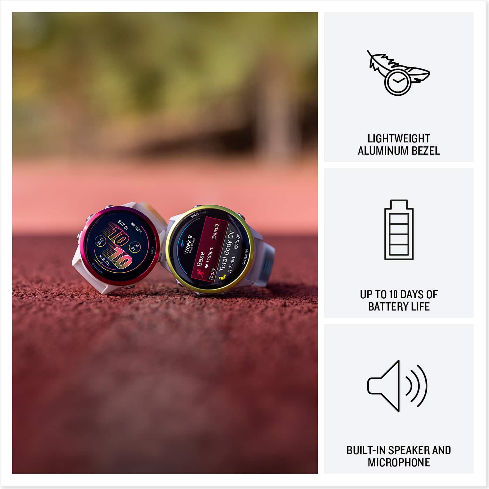 The text on the image is grouped and corrected as follows:
"Lightweight Aluminum Bezel, SATOI - 01 00% 10 21 AMUK 4847p - 10 ee I tr MART 045:00 Cir b Week 9 Body I Base 119bgm - 75e0s GARMIN, Total A by, Today. Up to 10 days of battery life, Built-in speaker and microphone."