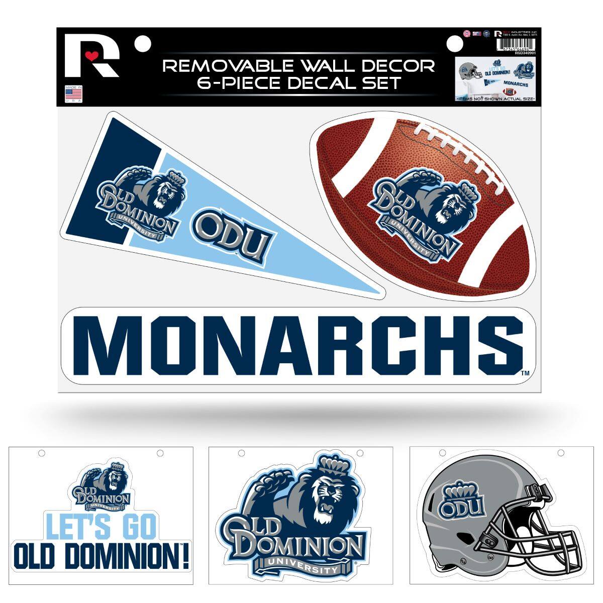 R  
REMOVABLE WALL DECOR  
6-PIECE DECAL SET  

MONARCHS  

OLD DOMINION  
ODU  

LET'S GO  
OLD DOMINION!  

OLD DOMINION  
UNIVERSITY  

ODU