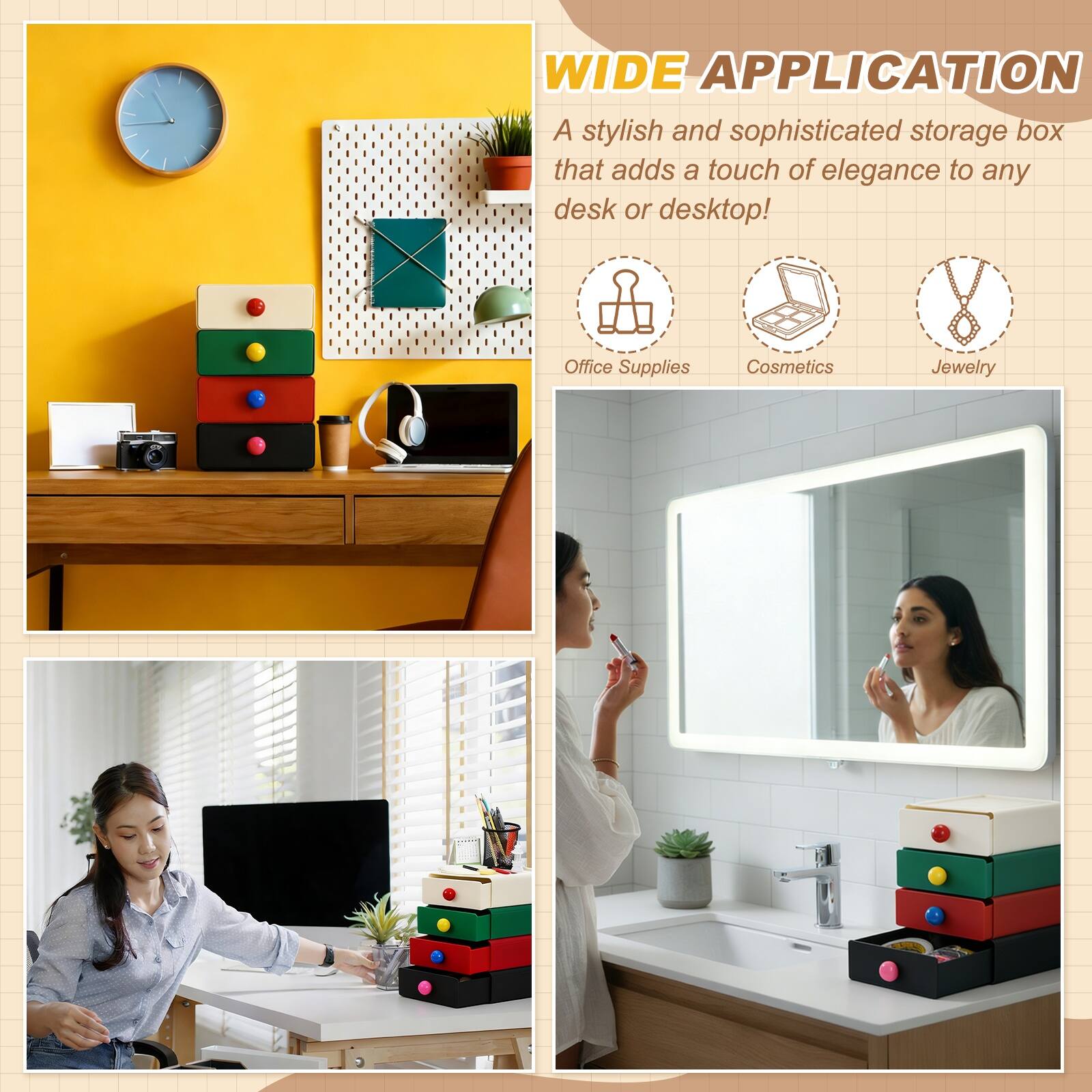 WIDE APPLICATION  
A stylish and sophisticated storage box that adds a touch of elegance to any desk or desktop!  

- Office Supplies  
- Cosmetics  
- Jewelry