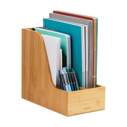 Front. Mind Reader - Vertical File Storage, Desktop Organizer, Magazine Holder, Office, Bamboo - Brown.
