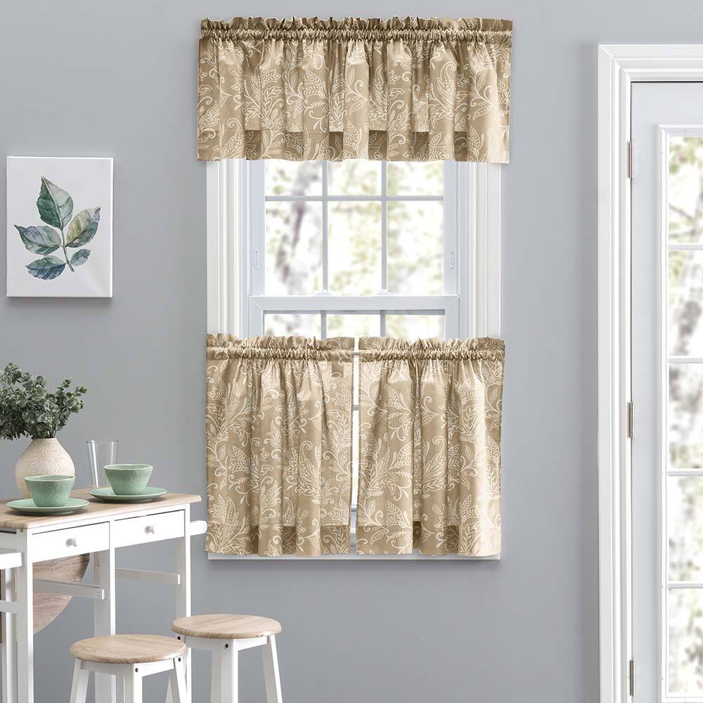 Angle. Ellis Curtain - Ellis Curtain Lexington Leaf Pattern on Colored Ground Curtain Tiers 56"x24" Tan - Tan.