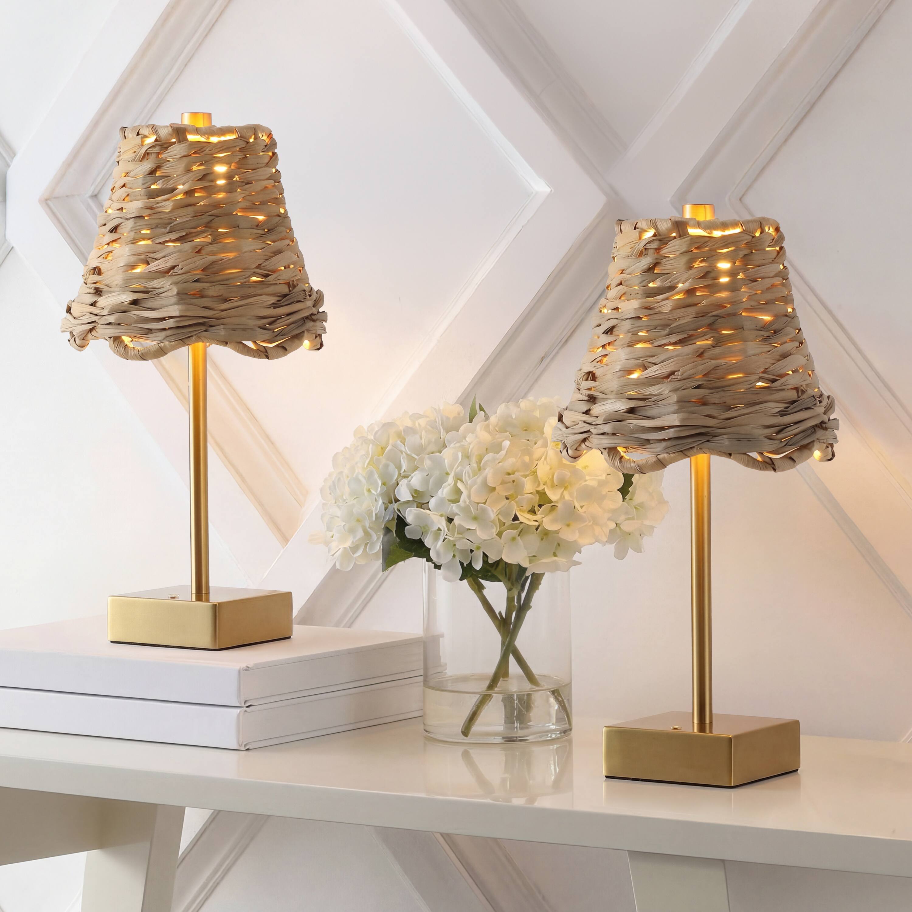Alt View 1. Jonathan Y - Willow 11" Coastal Cordless Rechargeable Table Lamp Set of 2, Brass Gold with Brown Water Hyacinth Shade, Touch Dimmer - Brass Gold.