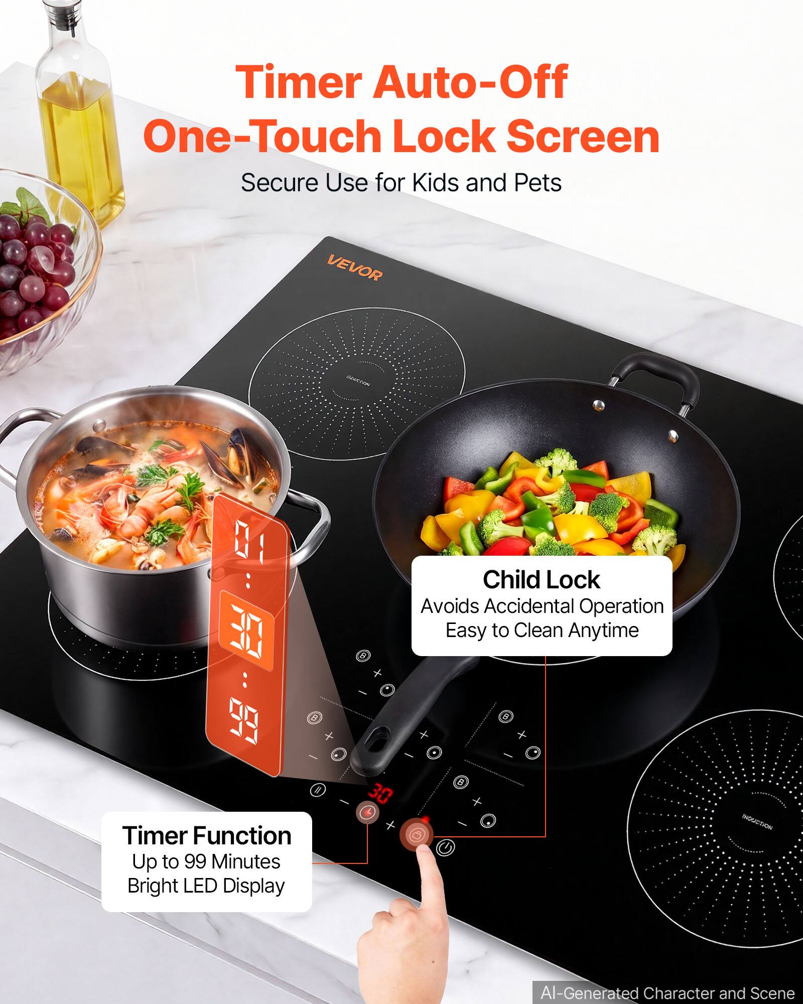 Timer Auto-Off One-Touch Lock Screen Secure Use for Kids and Pets

VEVOR

Child Lock Avoids Accidental Operation Easy to Clean Anytime

Timer Function Up to 99 Minutes Bright LED Display

AI-Generated Character and Scene