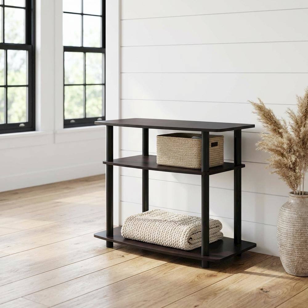 Alt View 1. FurniFact - Dark Walnut TV stand with 3-tier open shelves and modern design - Brown Black.