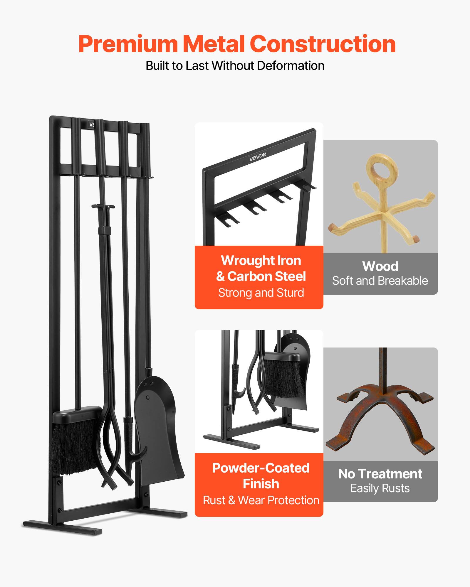 Premium Metal Construction  
Built to Last Without Deformation  

Wrought Iron & Carbon Steel  
Strong and Sturd  

Wood  
Soft and Breakable  

Powder-Coated Finish  
Rust & Wear Protection  

No Treatment  
Easily Rusted