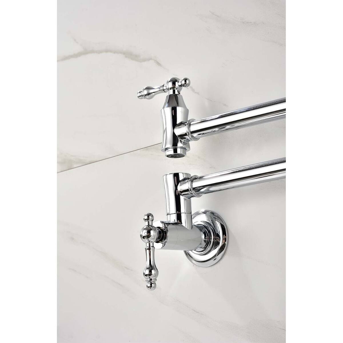 Left. Ropilly - Ropilly Wall Mount Pot Filler Faucet Chrome Brass Folding Swivel Arm Dual Handle Kitchen Faucet - Chrome.