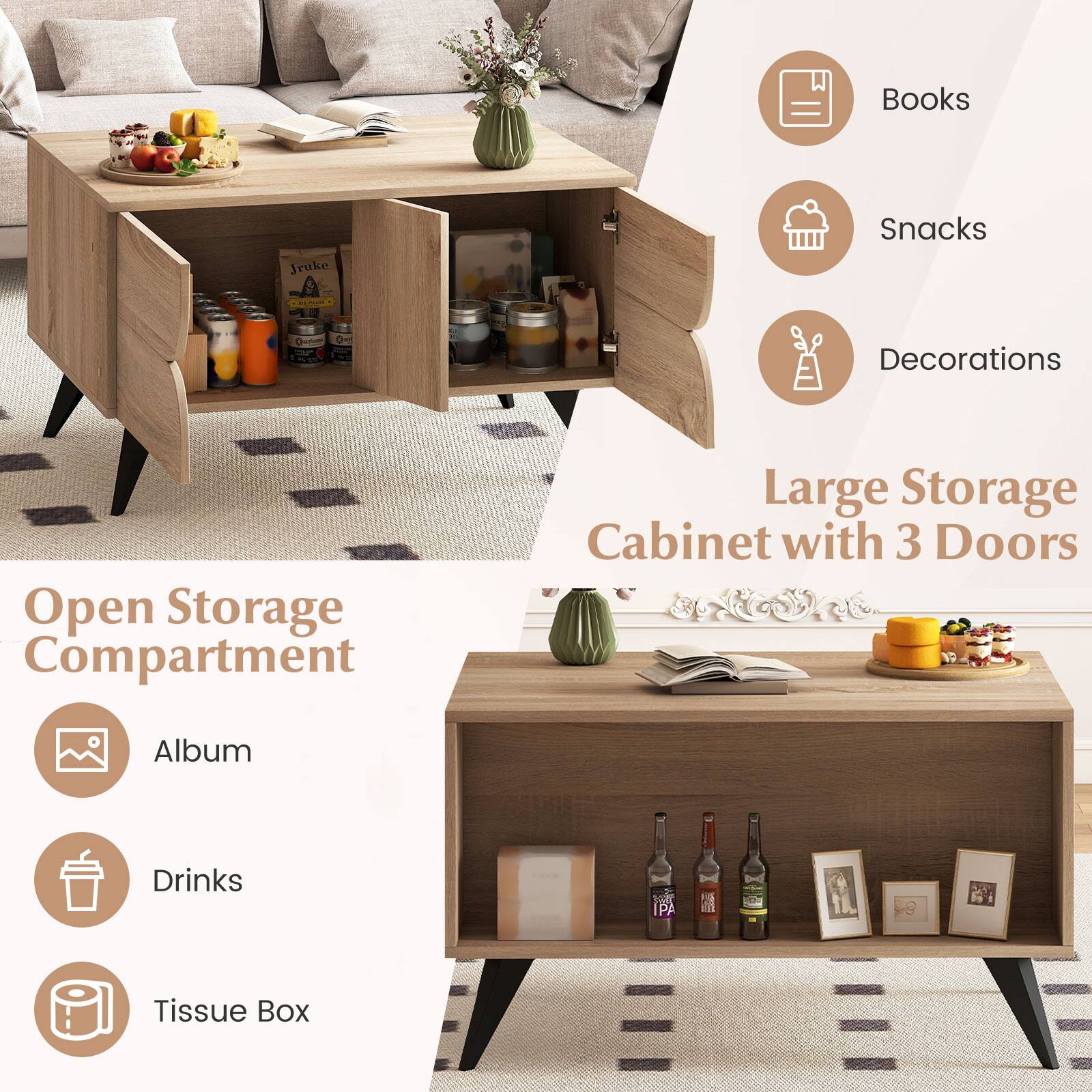 Books, Snacks, Decorations, Open Storage Compartment, Large Storage Cabinet with 3 Doors, Album, Drinks, Tissue Box