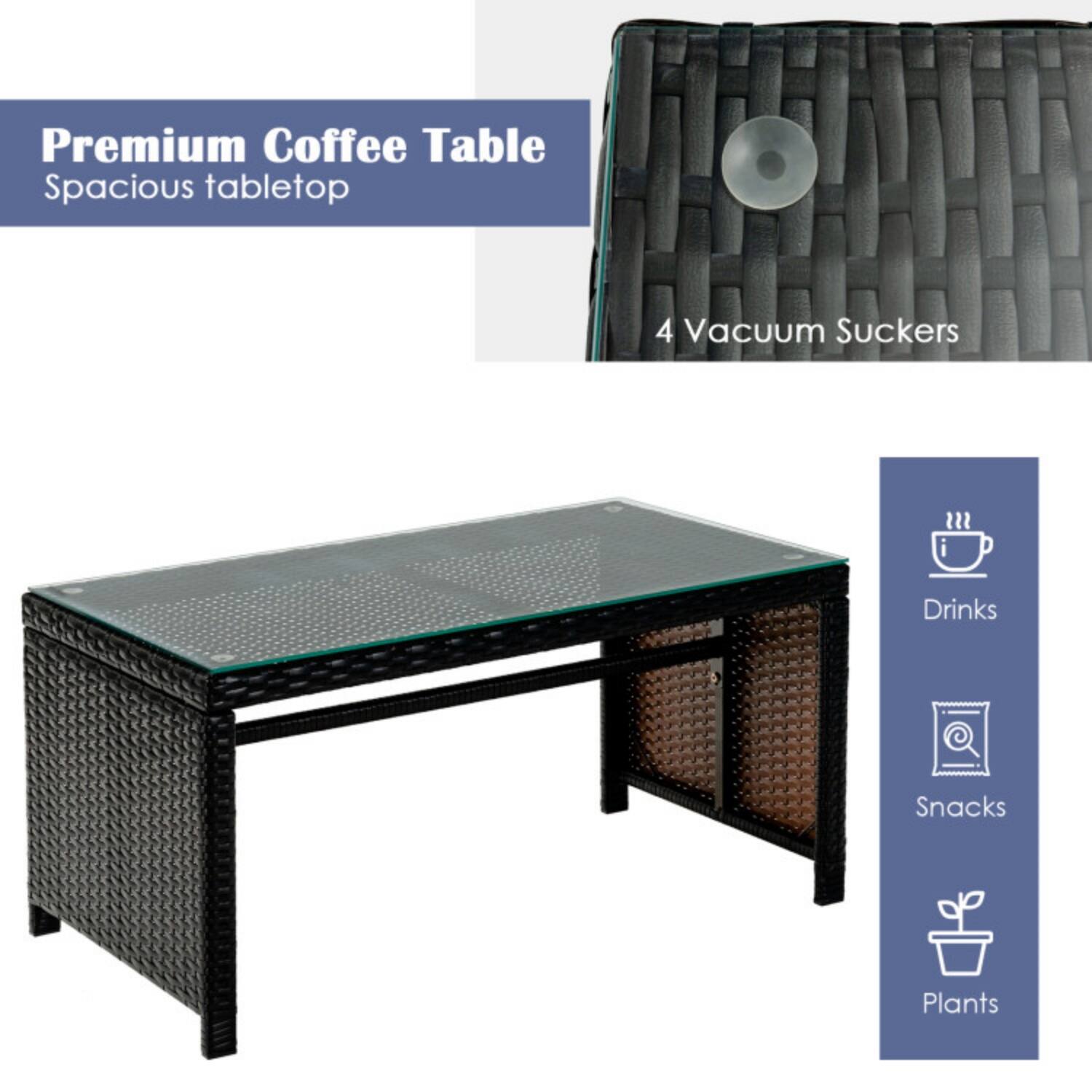 Premium Coffee Table  
Spacious tabletop  
4 Vacuum Suckers  
Drinks  
Snacks  
Plants
