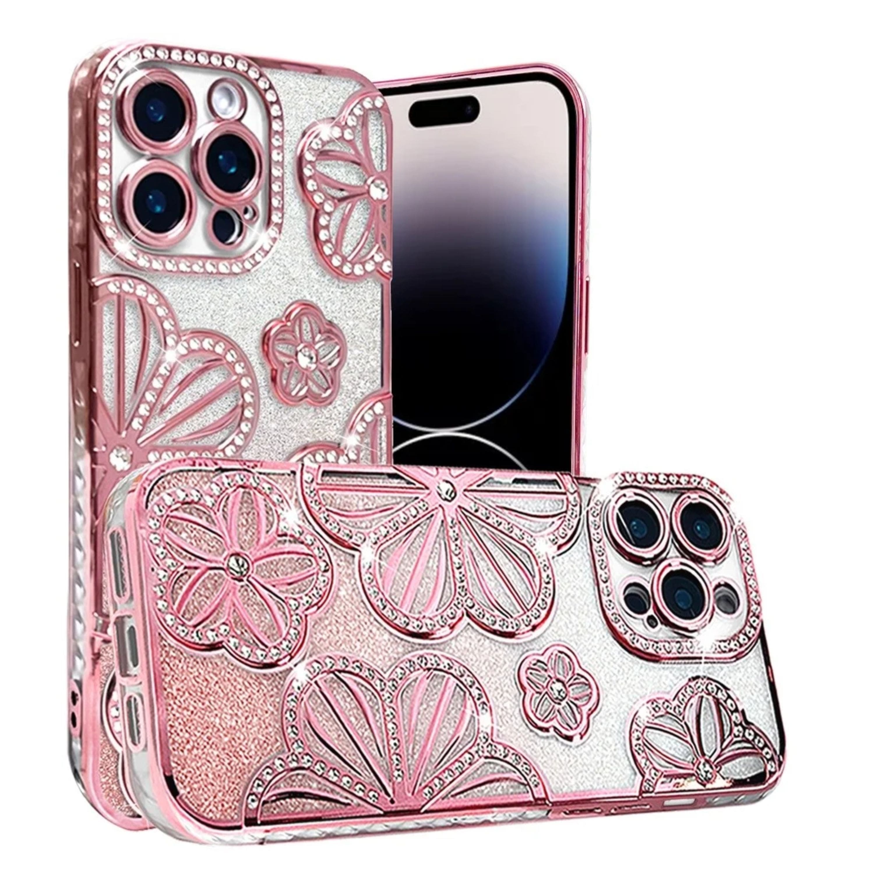 Kitcheniva - 3D Glitter Floral Rhinestone Phone Case For iPhone 14 Pro Max - Rose Gold