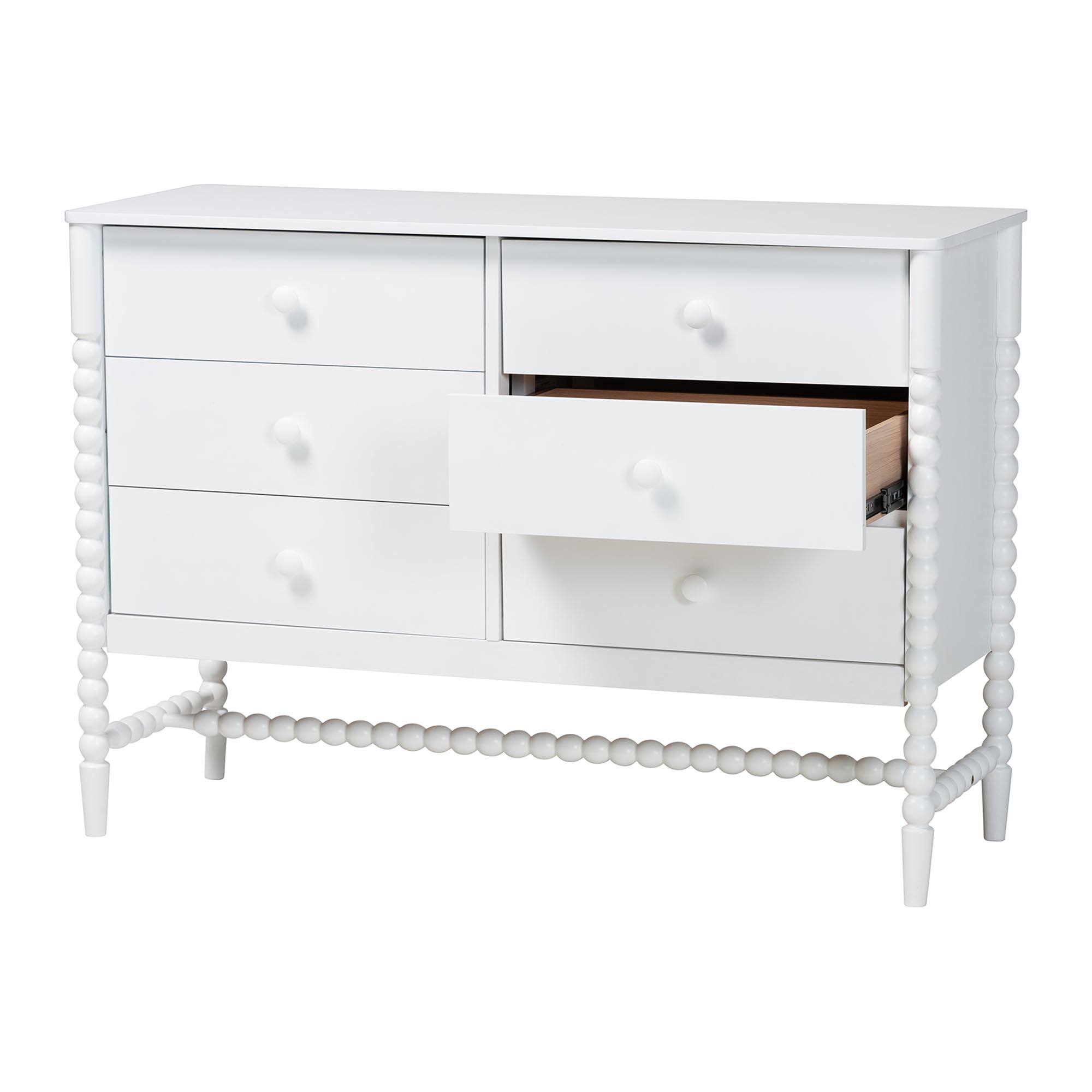 Left. Baxton Studio - Brantley Spindle Dresser - 6-Drawer Horizontal Storage Cabinet with Beaded Frame and Elevated Base for Bedroom - White.