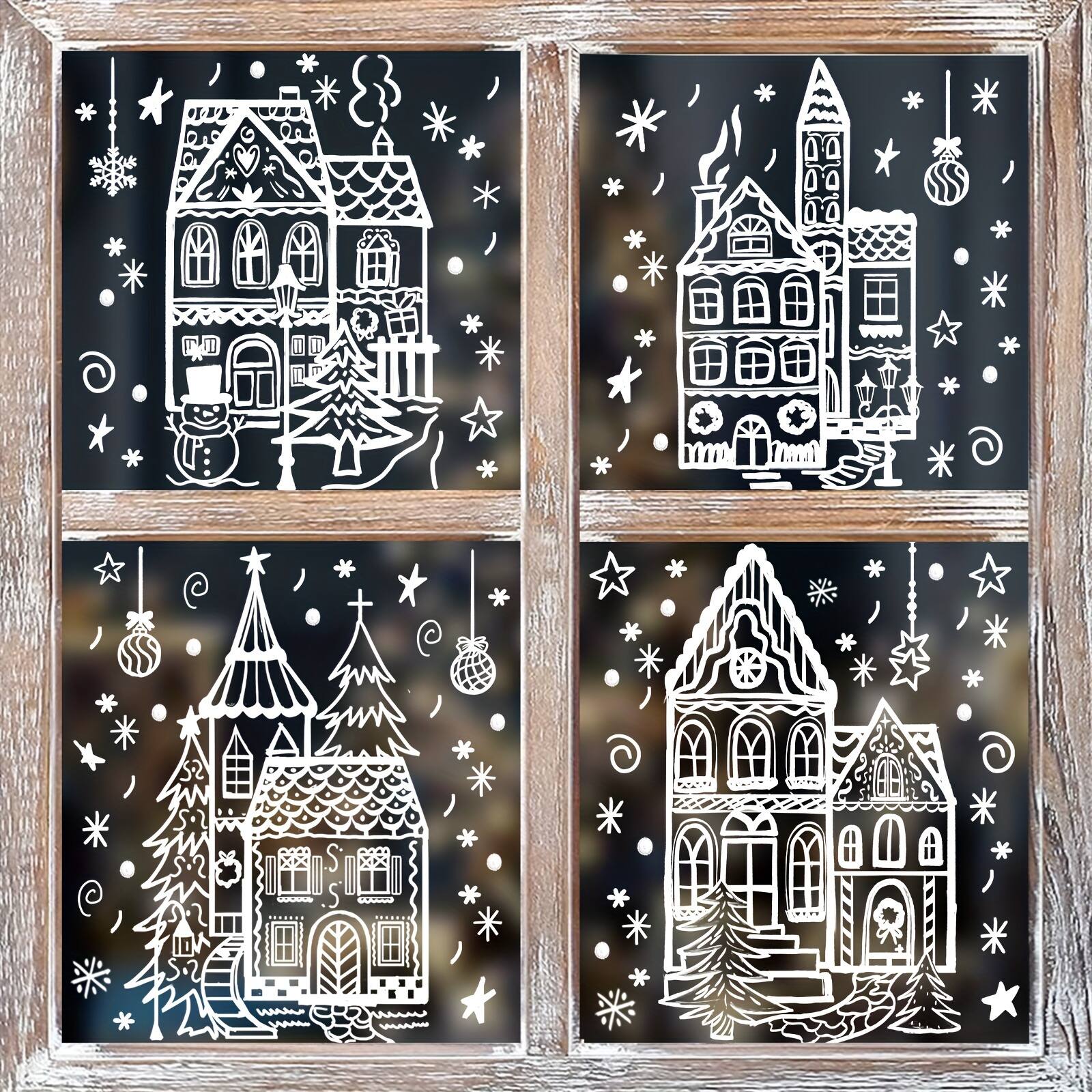 Angle. Acteck - Extra Large Christmas Window Clings 4 Sheets White House Snowflake Xmas Tree Window Stickers for Winter Xmas - White.