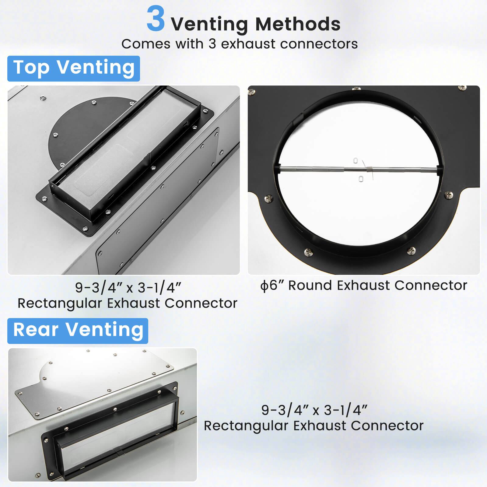 3 Venting Methods  
Comes with 3 exhaust connectors  

Top Venting  
9-3/4" x 3-1/4" Rectangular Exhaust Connector  
6" Round Exhaust Connector  

Rear Venting  
9-3/4" x 3-1/4" Rectangular Exhaust Connector