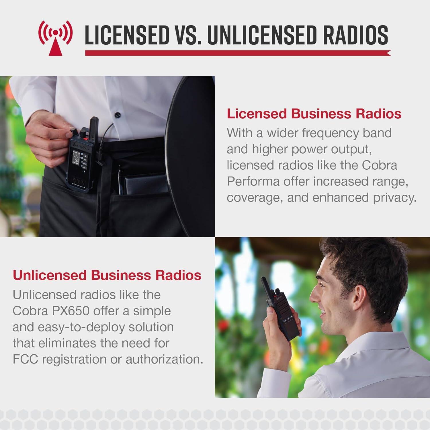 LICENSED VS. UNLICENSED RADIOS

Licensed Business Radios
With a wider frequency band and higher power output, licensed radios like the Cobra Performa offer increased range, coverage, and enhanced privacy.

Unlicensed Business Radios
Unlicensed radios like the Cobra PX650 offer a simple and easy-to-deploy solution that eliminates the need for FCC registration or authorization.