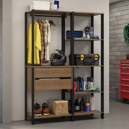 Madesa - Garage Storage Rack with 2 Drawers, 7 Shelves and Hanging Space 51"L - Black/Brown - Rustic/Black