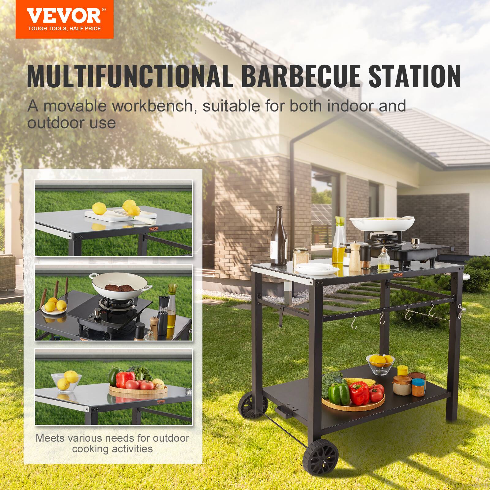 VEVOR TOUGH TOOLS, HALF PRICE MULTIFUNCTIONAL BARBECUE STATION A movable workbench, suitable for both indoor and outdoor use. Meets various needs for outdoor cooking activities.