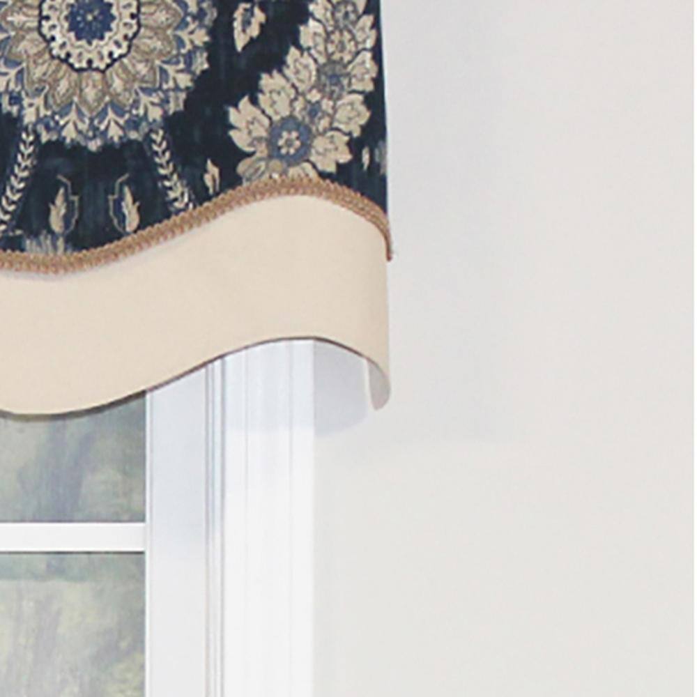 Left. RLF Home - RLF Home Wakeshire Glory Valance Indigo. 3" Rod Pocket, Layered, Trimmed. 50" x 16" - Indigo.