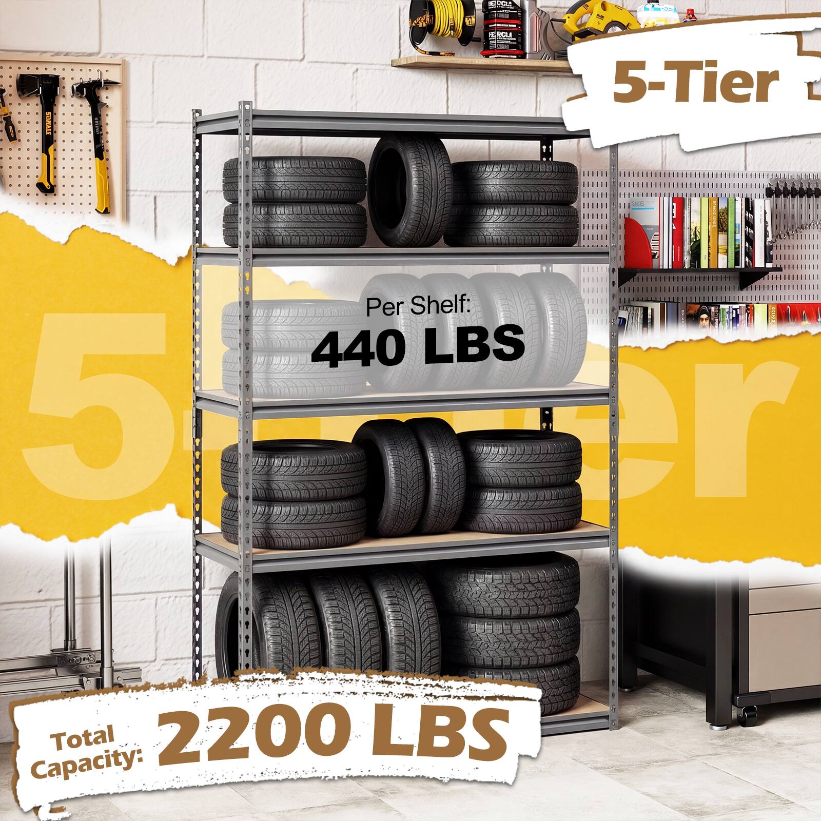 5-Tier  
Per Shelf: 440 LBS  
Total Capacity: 2200 LBS