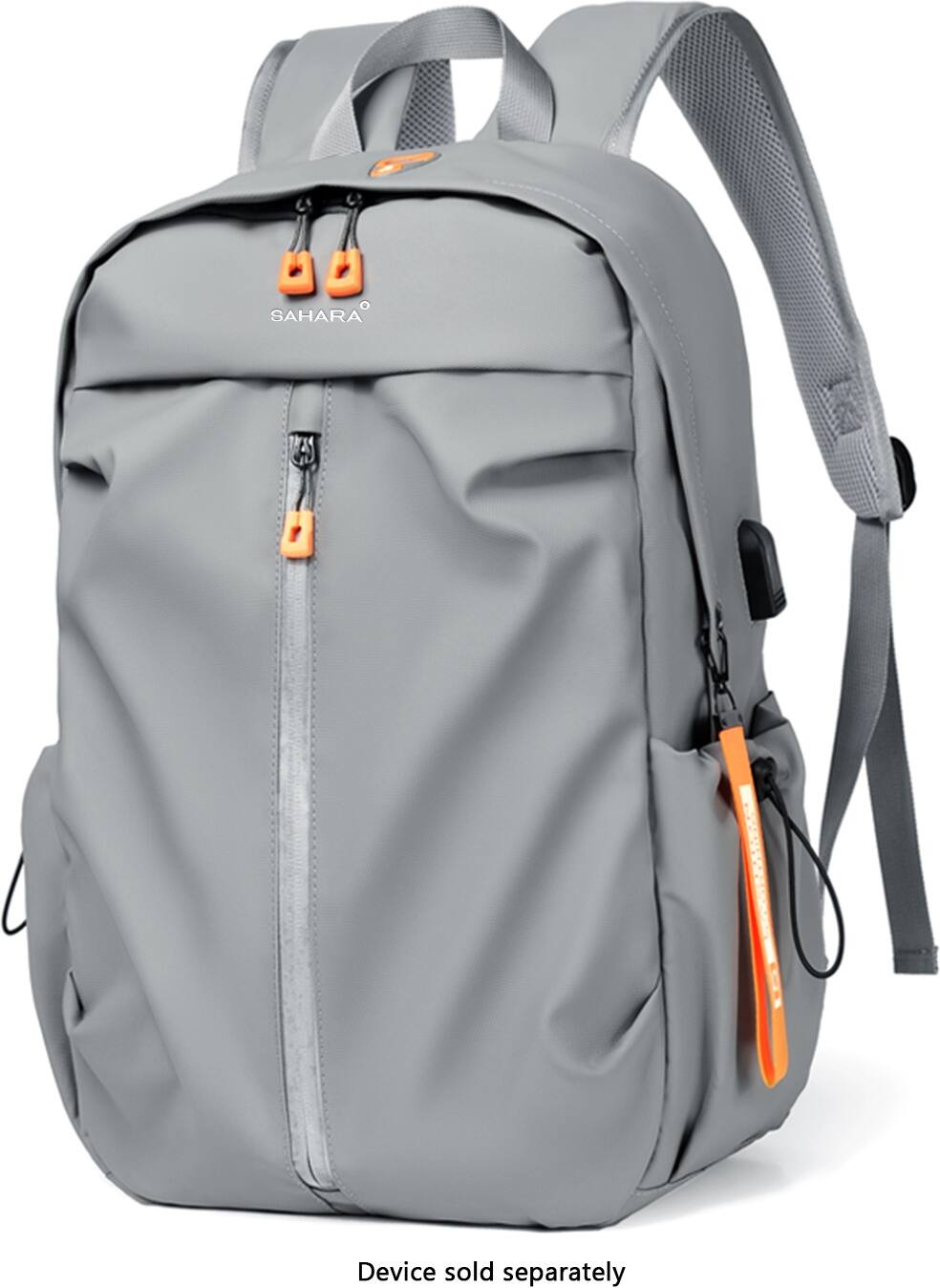 The backpack in the image is a grey color and has a zipper on the front. The text on the image reads "SAHARA 5 Device sold separately."