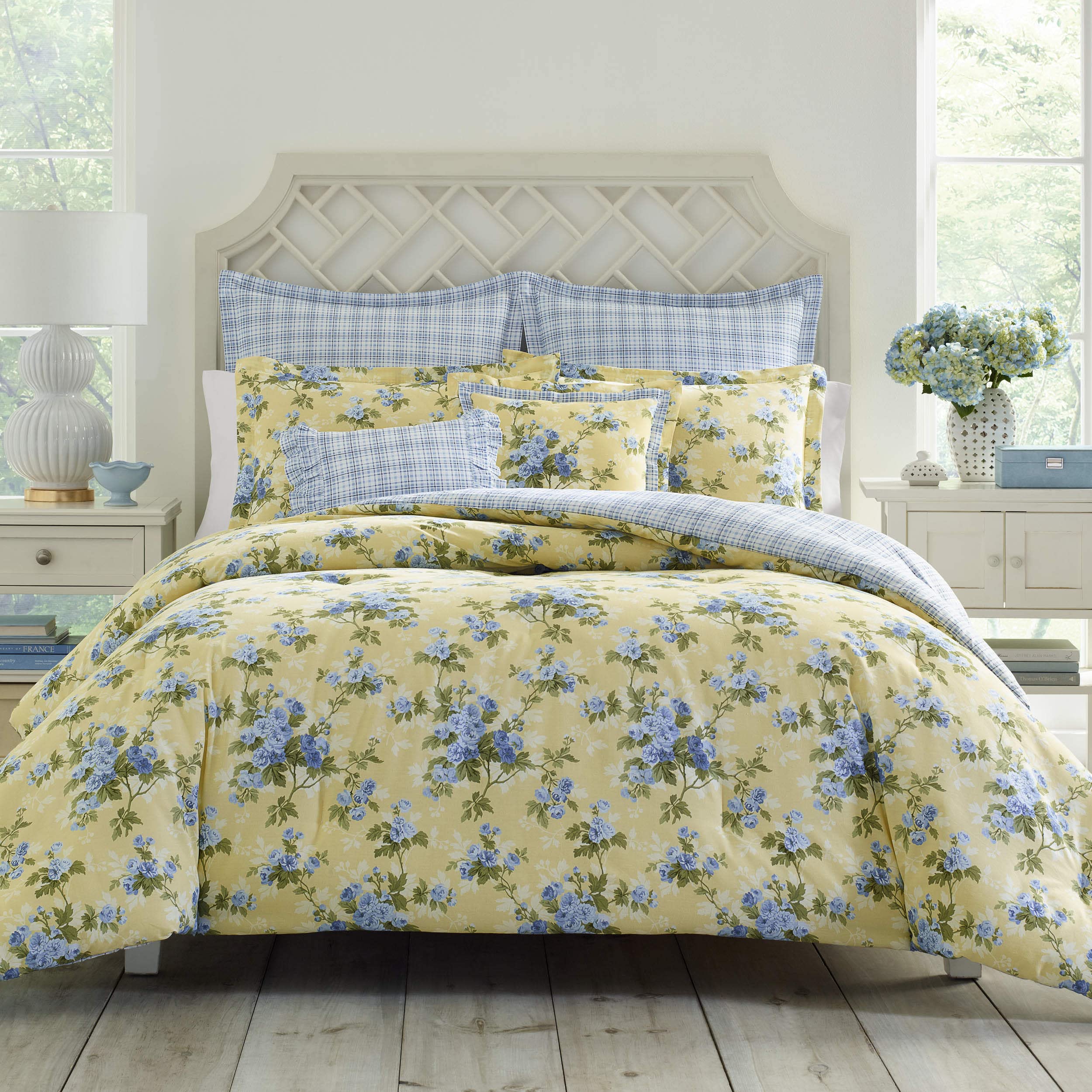Front. Earthley Blooms - King Duvet Cover Set Reversible Cotton Bedding Includes Matching Sham With Bonus Euro Throw Pillow Covers - Soft Yellow/Green/Blue-Queen.