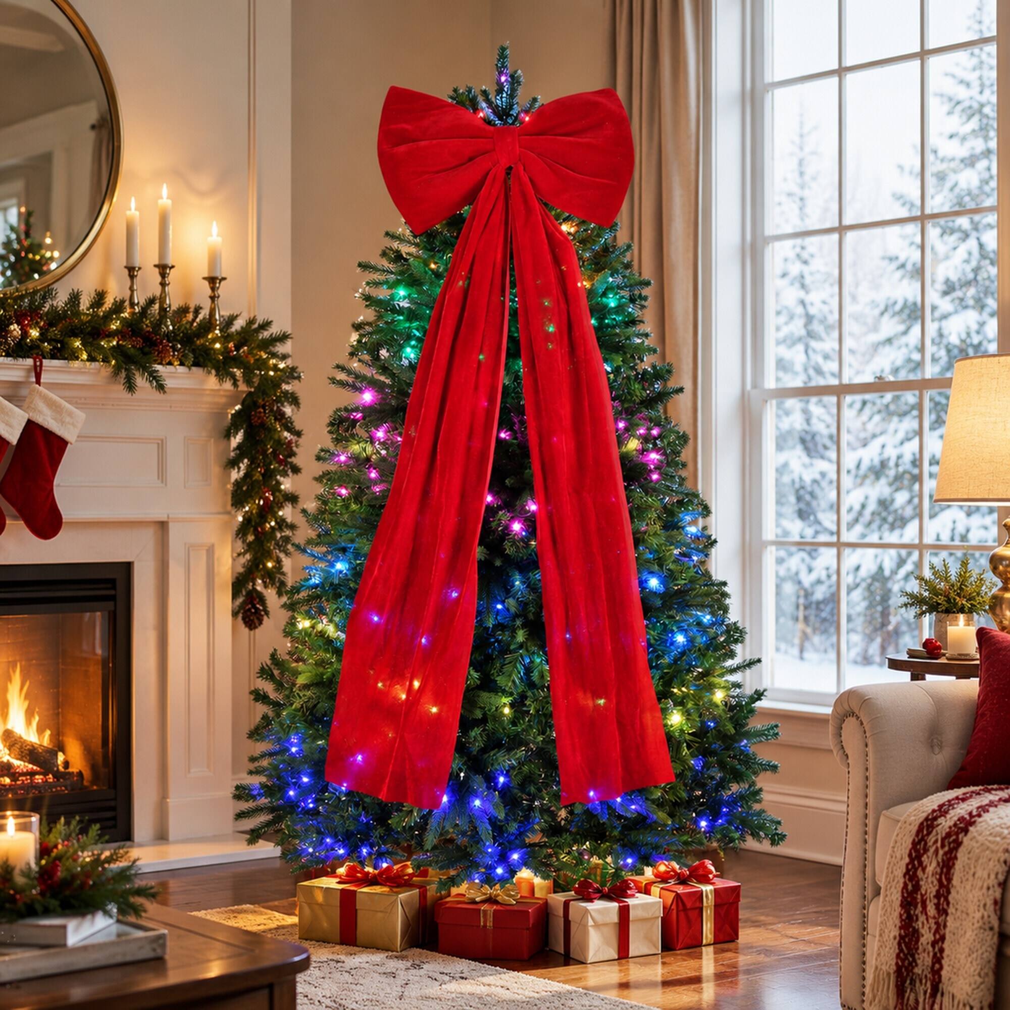 Left. RYHNUYNE - 6FT Pre-Lit Aspen Christmas Tree With 300 RGBW Multi-Color LED Lights and App Control, Large Bow - Green.