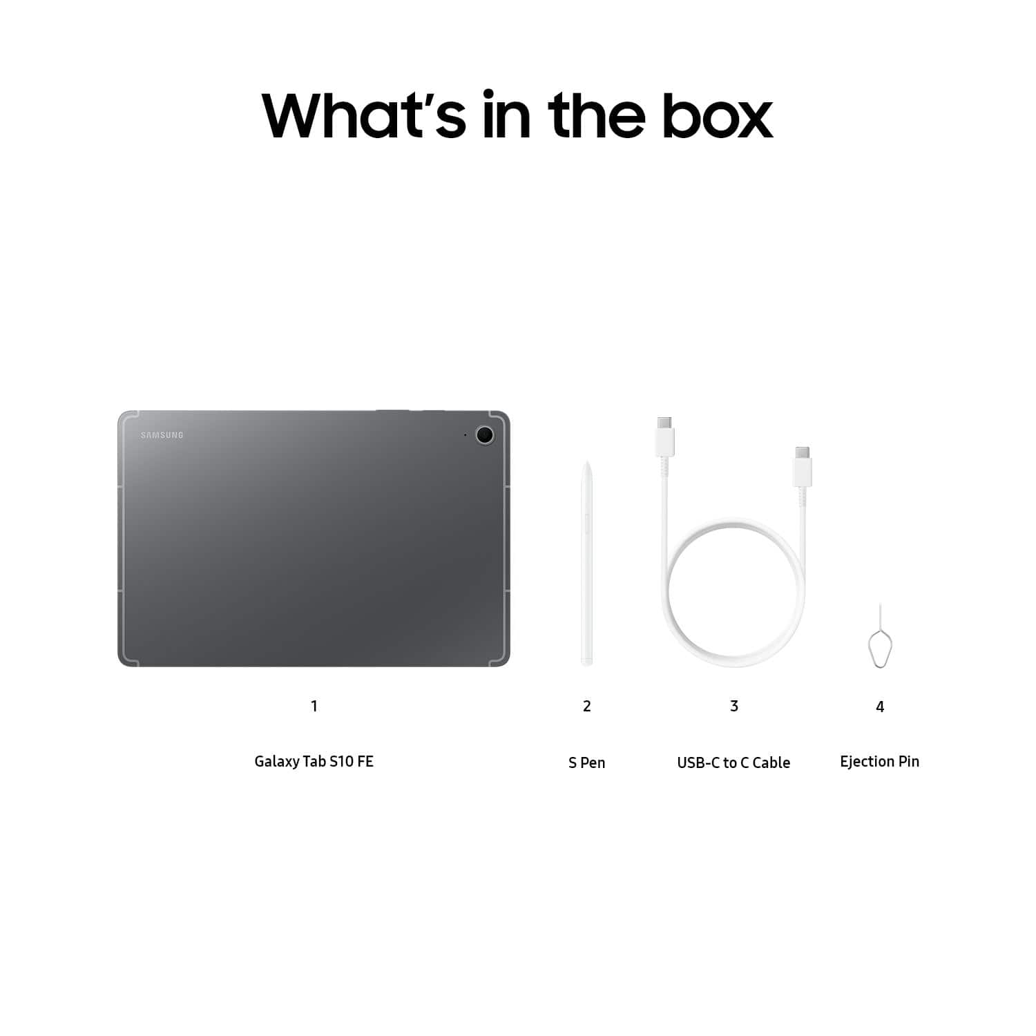 What's in the box: Samsung Galaxy Tab, S Pen, USB-C to C Cable, Ejection Pin.