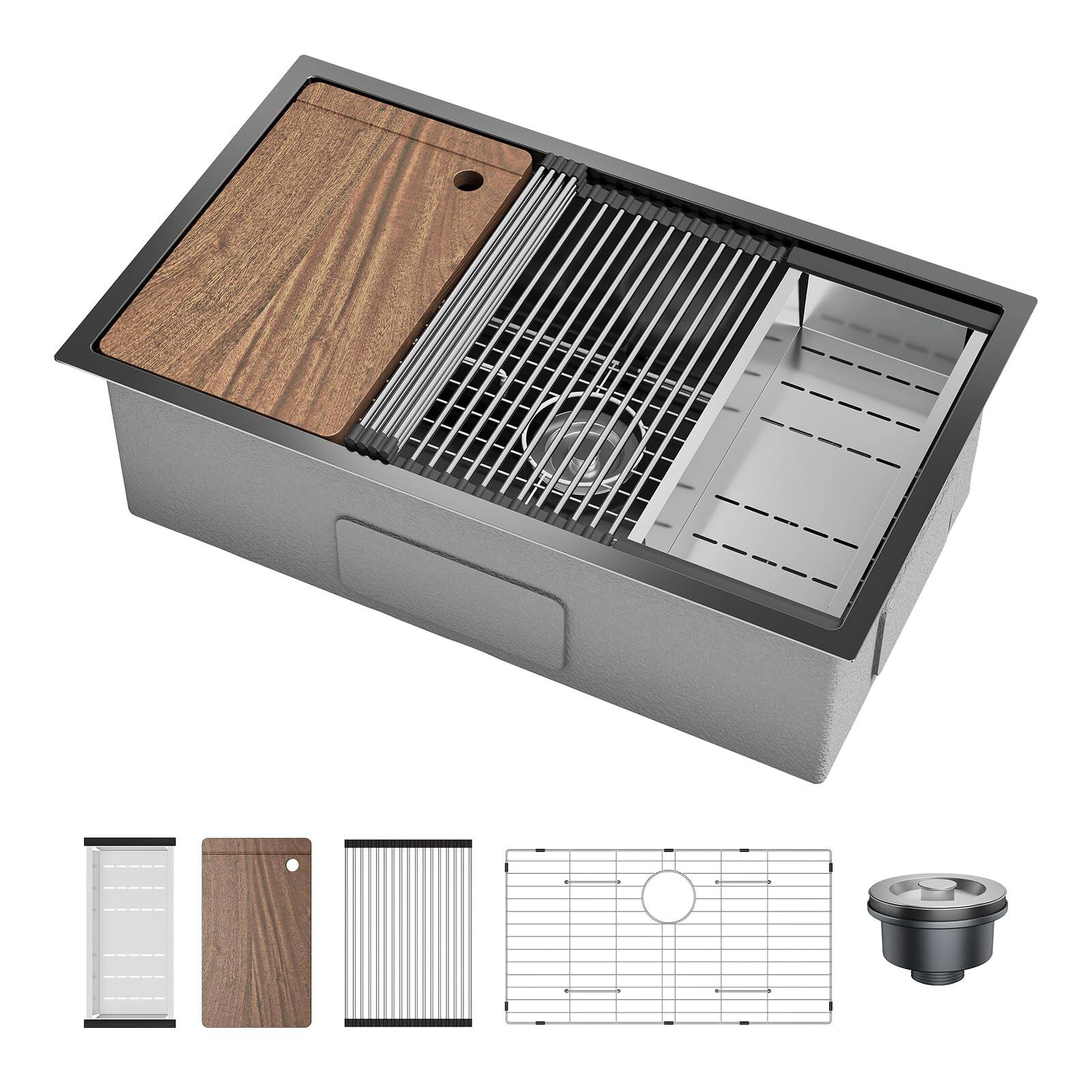 Alt View 4. GARVEE - 32 x 19 Inch Undermount Kitchen Sink, Single Bowl Workstation with Cutting Board Dish/Drying Rack (Not Included Faucet) - Black.