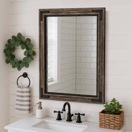 TECH SAFARI - Farmhouse Bathroom Mirror Rustic Wood Wooden Framed Vanity Solid Handmade Vertical Or Horizontal Hanging Fo - Brown 32"L x 24"W