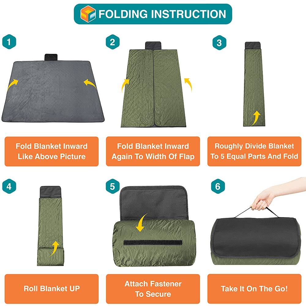 FOLDING INSTRUCTION

1. Fold Blanket Inward Like Above Picture
2. Fold Blanket Inward Again To Width Of Flap
3. Roughly Divide Blanket To 5 Equal Parts And Fold
4. Roll Blanket UP
5. Attach Fastener To Secure
6. Take It On The Go!