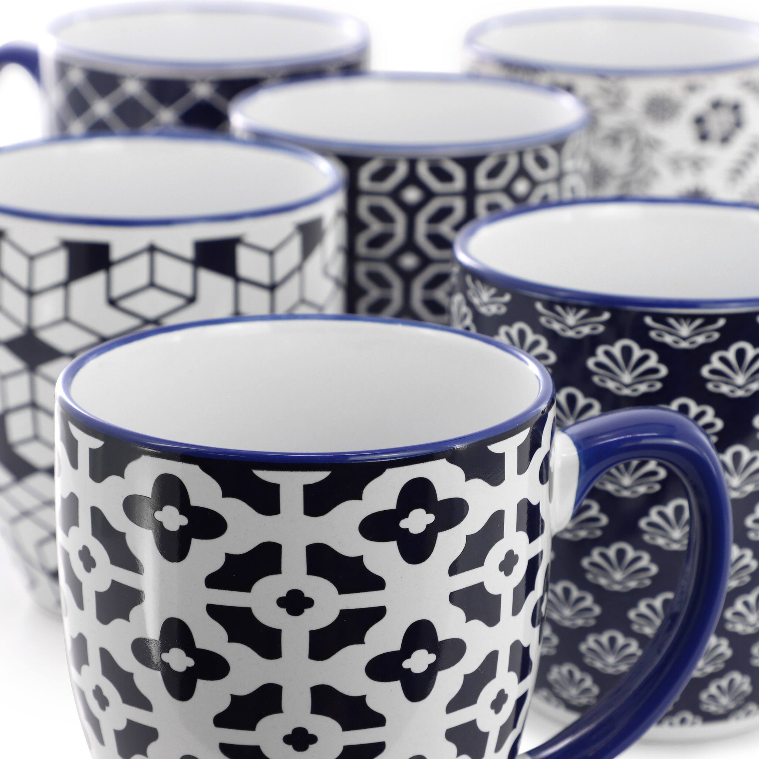 Alt View 3. Elama - Elama Flyn 6 Piece 16 Ounce Assorted Design Stoneware Mug Set in Navy Blue and White - Navy Blue.
