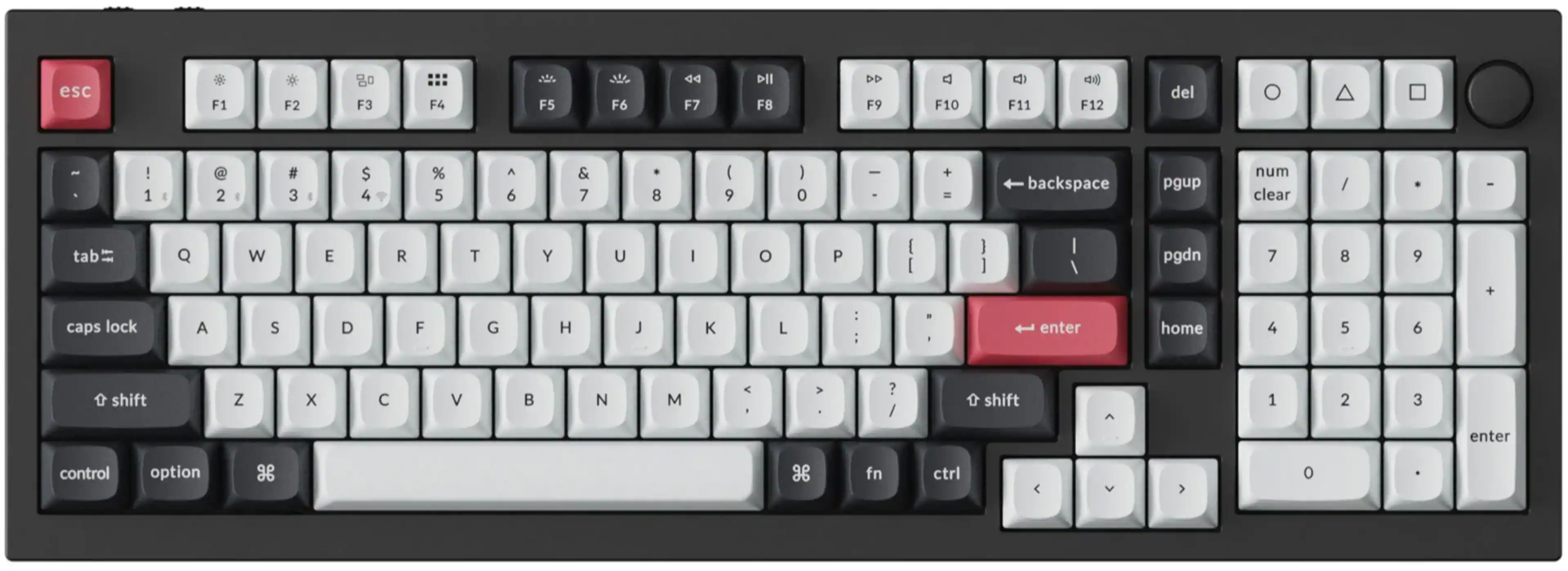 The image shows a close-up of a black and white keyboard with a red key in the middle. The keyboard has a combination of black and white keys, including letters, numbers, and function keys. The red key stands out in the middle, possibly indicating a specific function or shortcut. The keyboard layout is designed to provide easy access to various keys, making it suitable for typing and navigating through different applications.